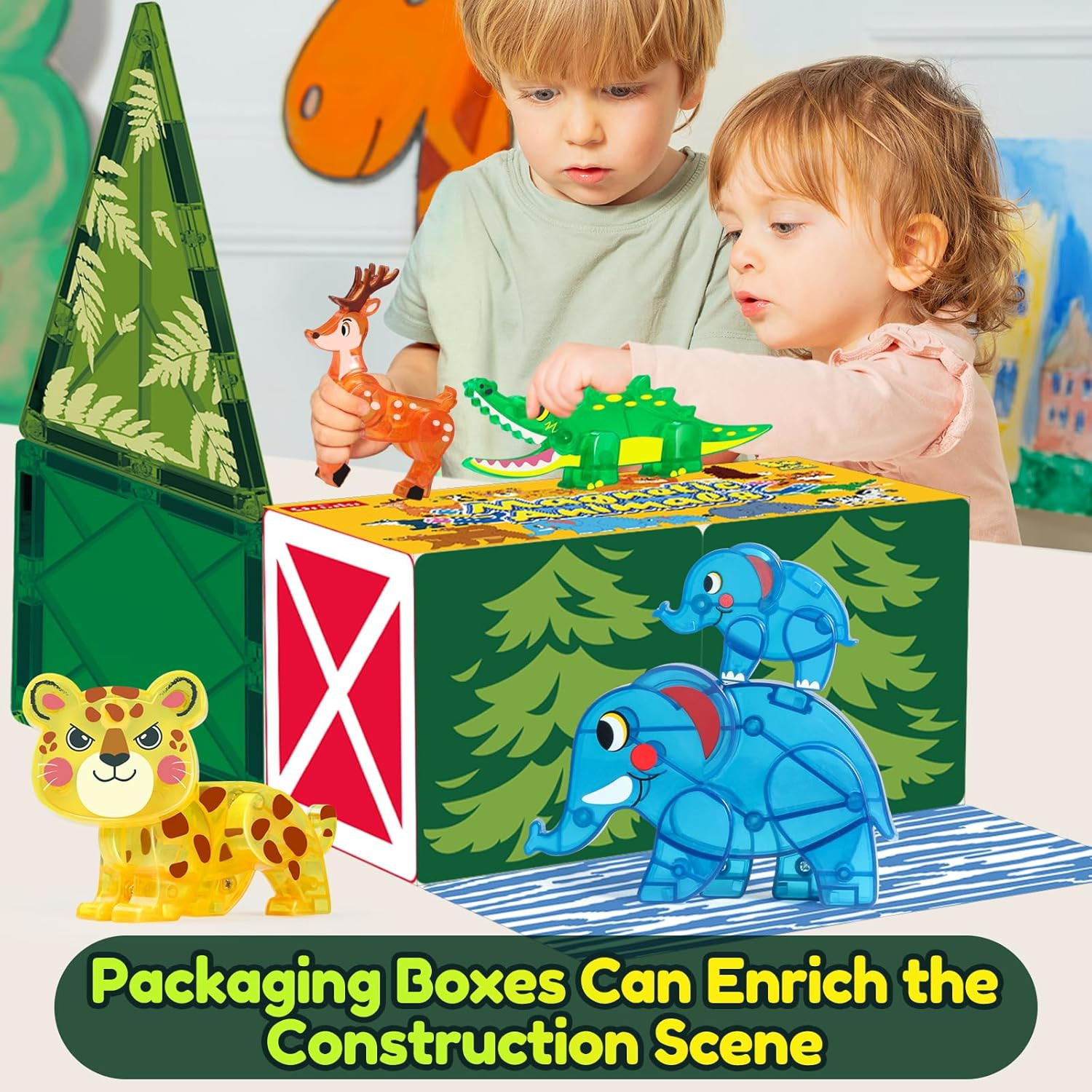 Jungle Animal Toys for Magnetic Tiles, 5Pcs Movable Joints Forest Magnetic Anima