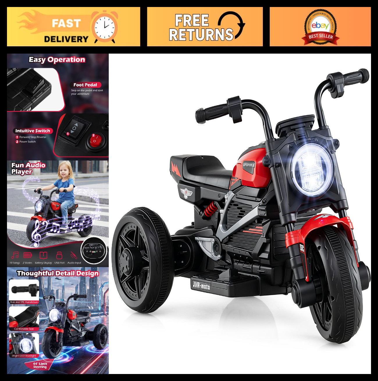 6V Electric Toddler Motorcycle Ride-On Toy, 3-Wheel Chopper with LED Lights & Mu