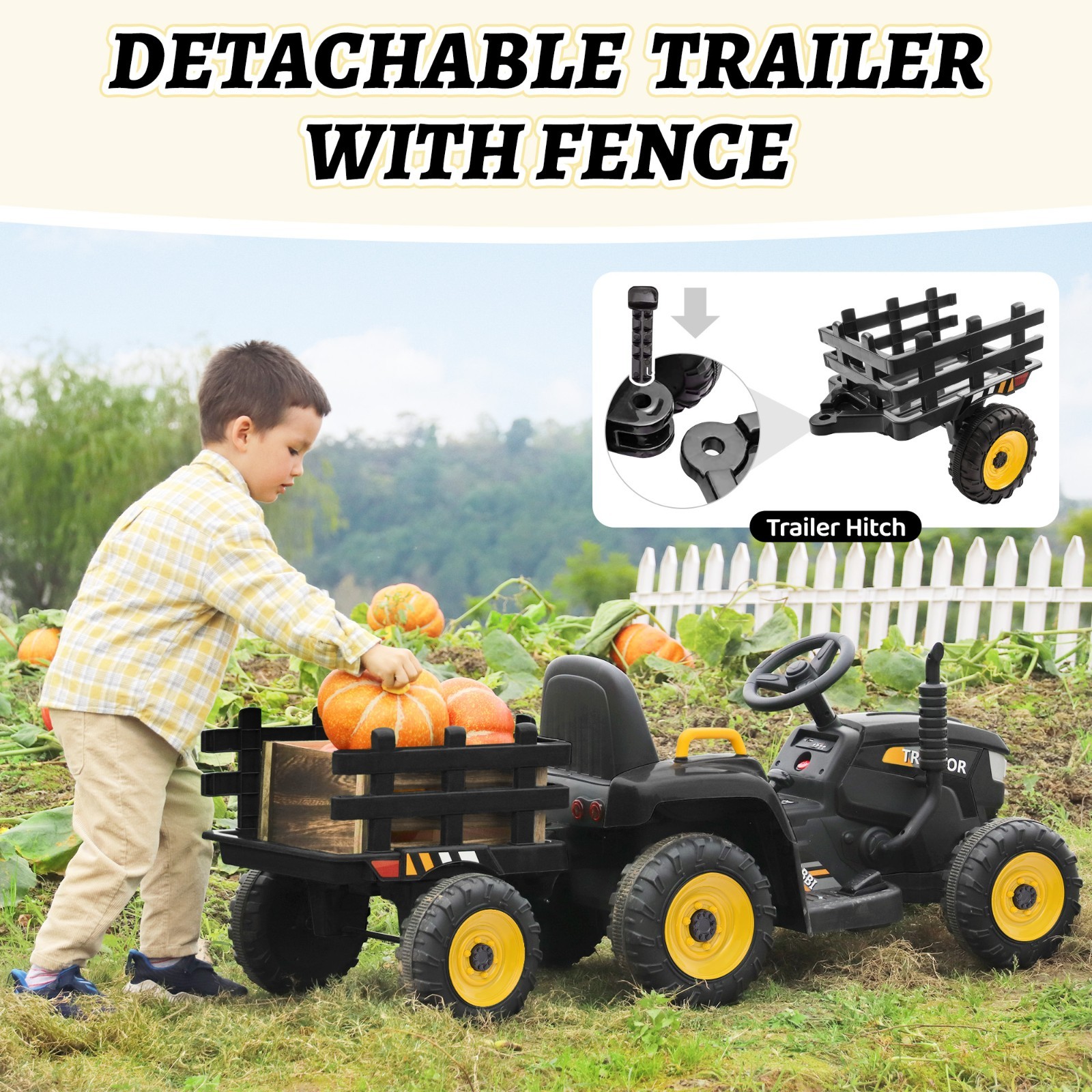 TOBBI Battery Powered Toy Car 12V Kids Ride On Car Electric Tractor w/ Trailer