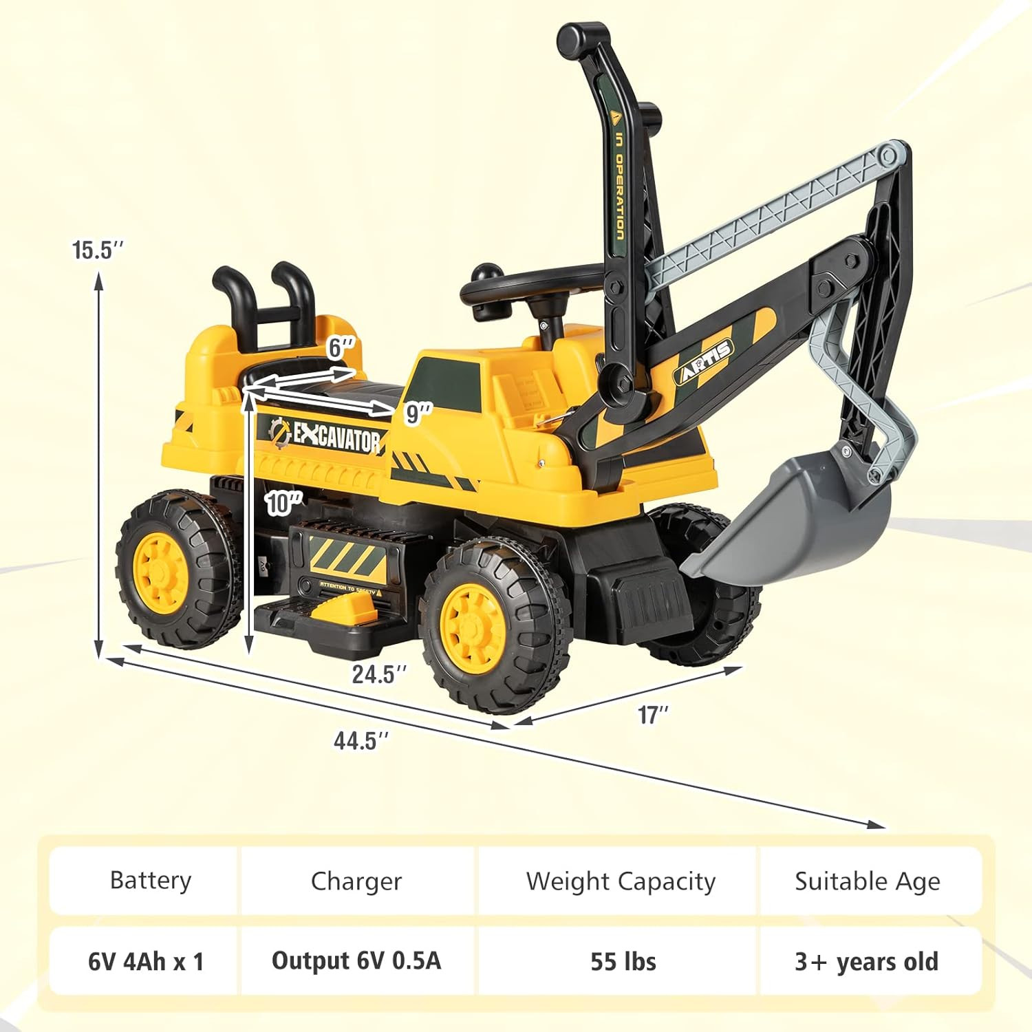 Ride on Excavator, 6V Battery Powered Ride on Construction Vehicles for Kids, un
