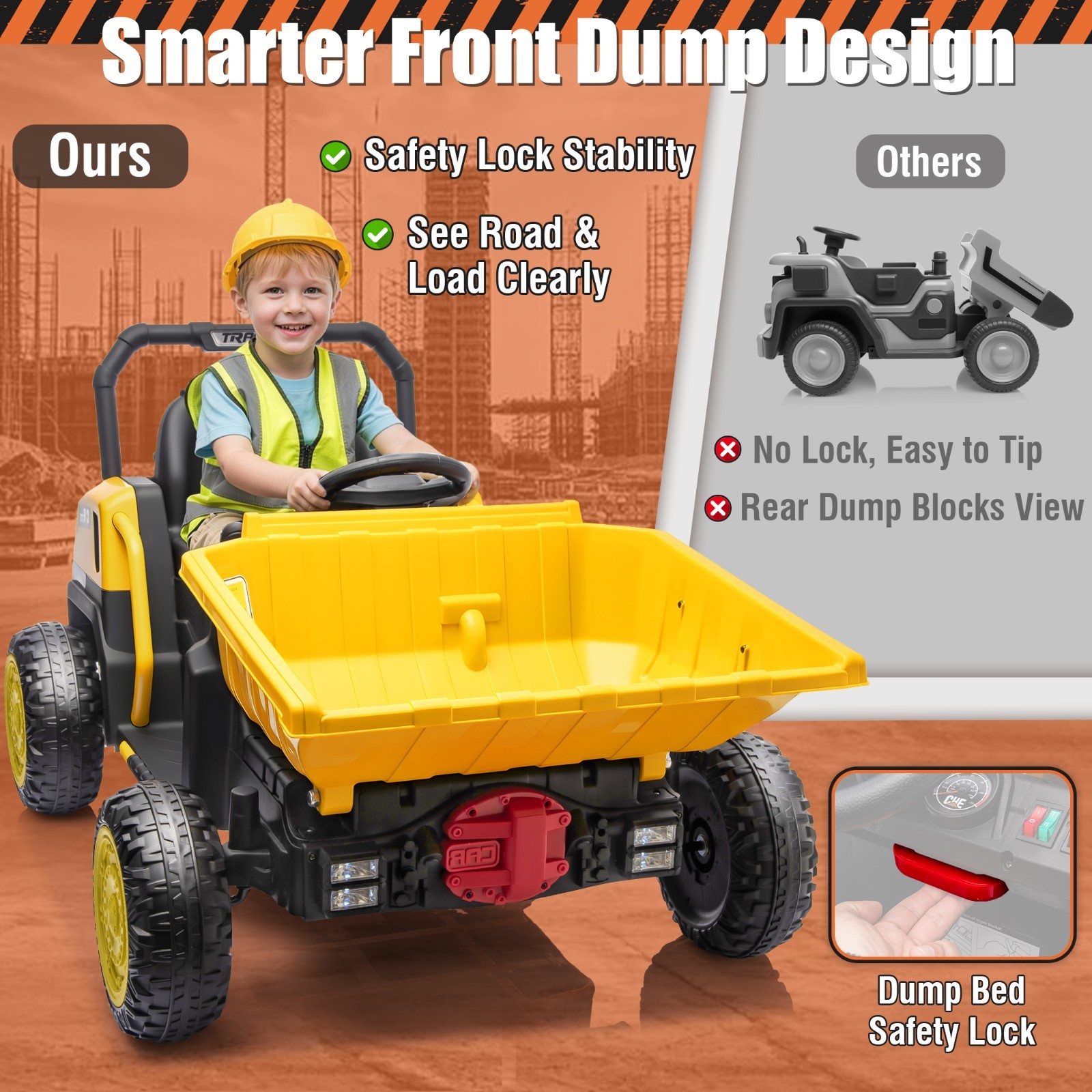 24V Kids Ride On Dump Truck, Remote Control, Metal Frame, Dump Bed & Shovel