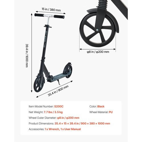 Kick Scooter for Kids Ages 8+, Teens & Adults, 2-Wheel Toddler Scooter with Adj