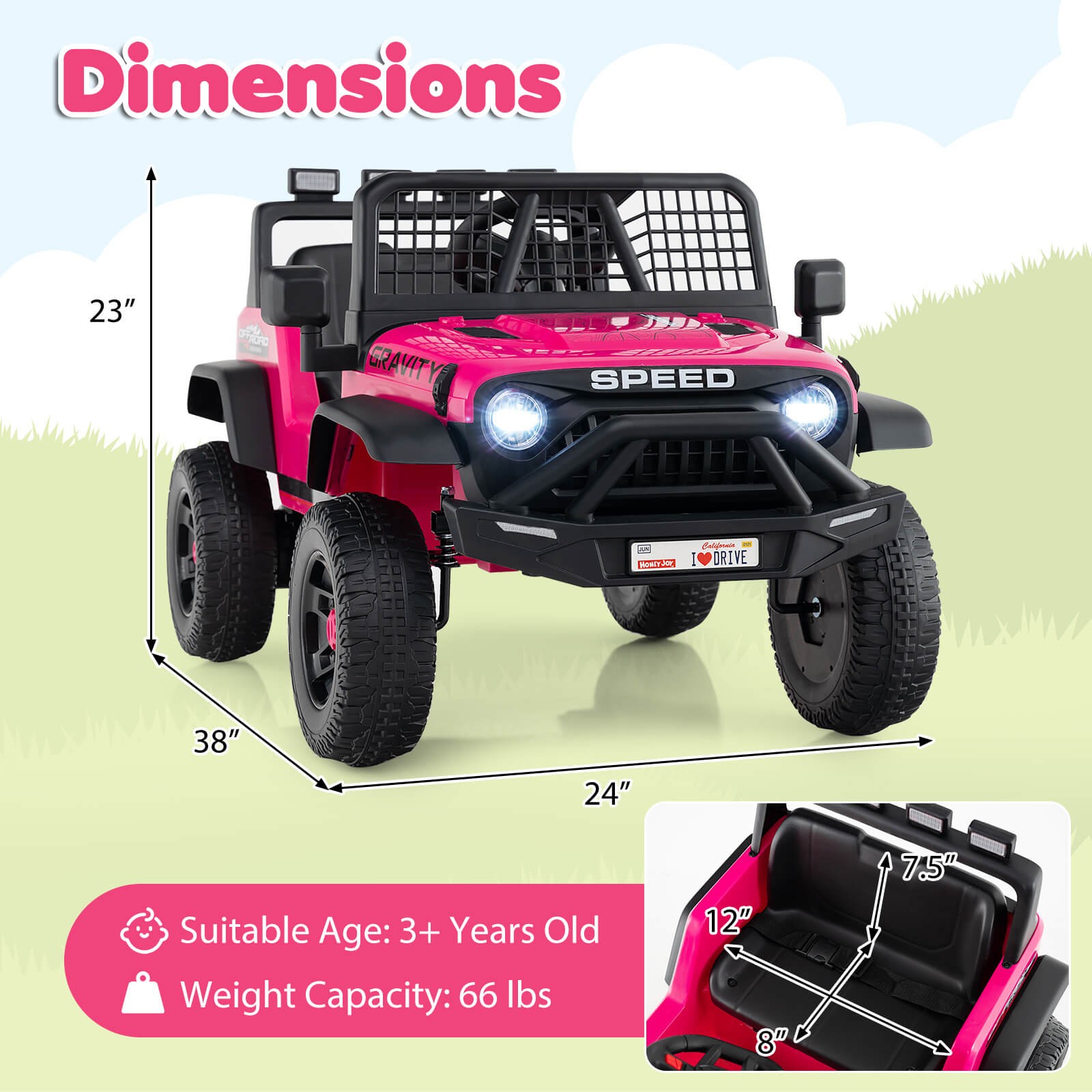 24V Ride On Car w/Remote Control Music LED Headlights Spring Suspension for Kids