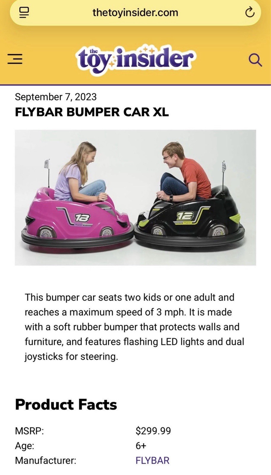 Flybar XL 12Volt Bumper Car🚗 Battery Powered Ride On 1-adult OR 2-Kids FLY BAR