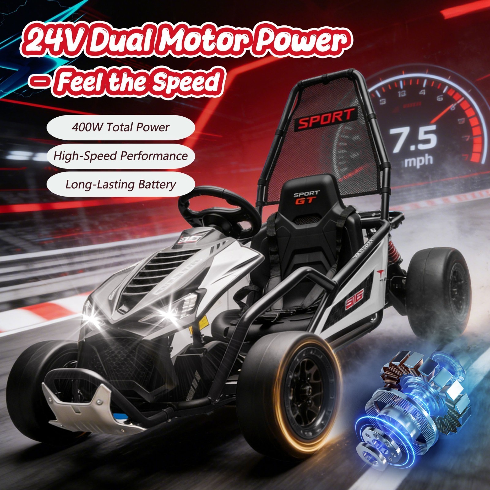 24V 400W Electric Go Kart for Kids 6-12 Ride on Drift Car with Music Bluetooth