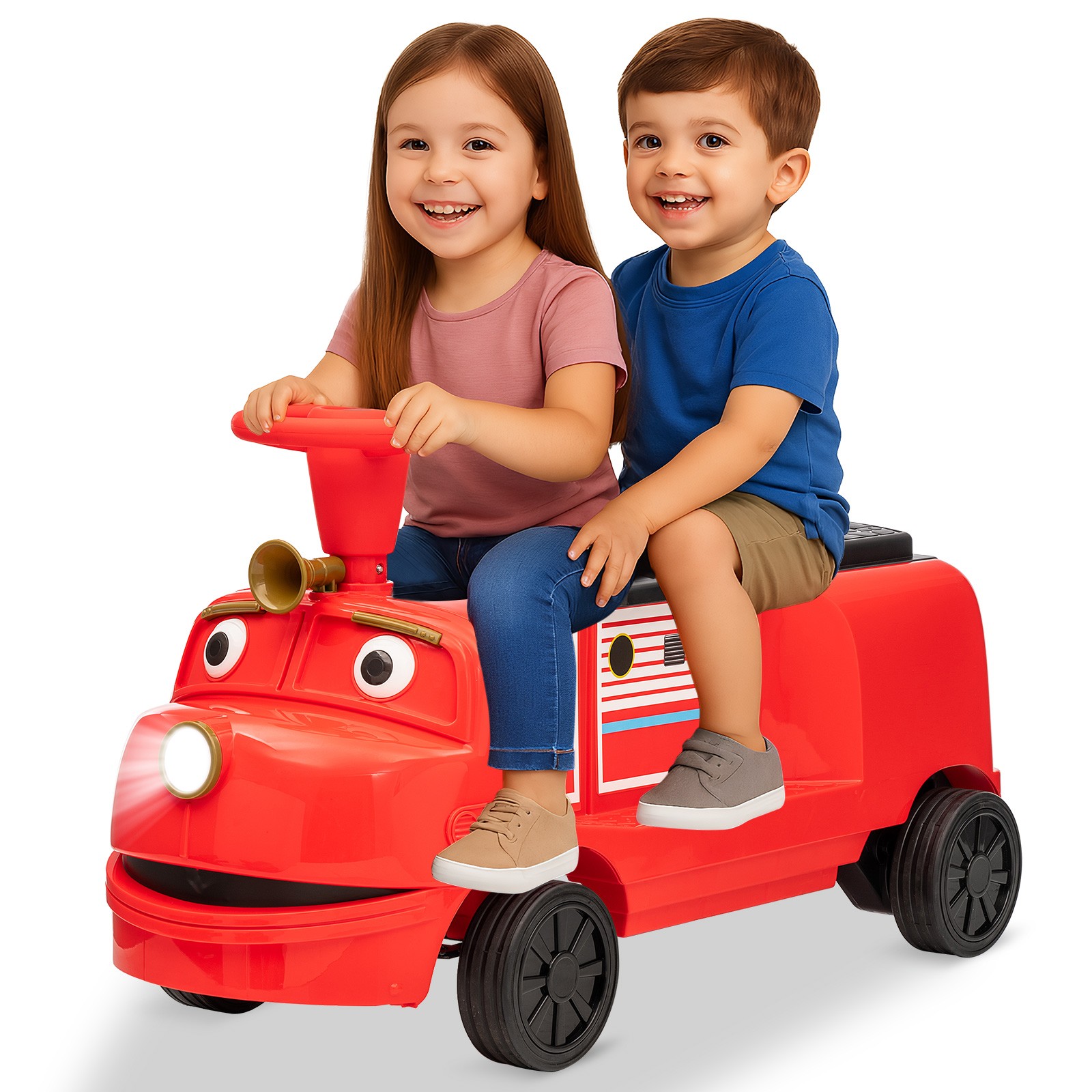 2 Seater Ride On Train Trackless 12V Kids Ride On Toy Car 2 Speed Storage, Music