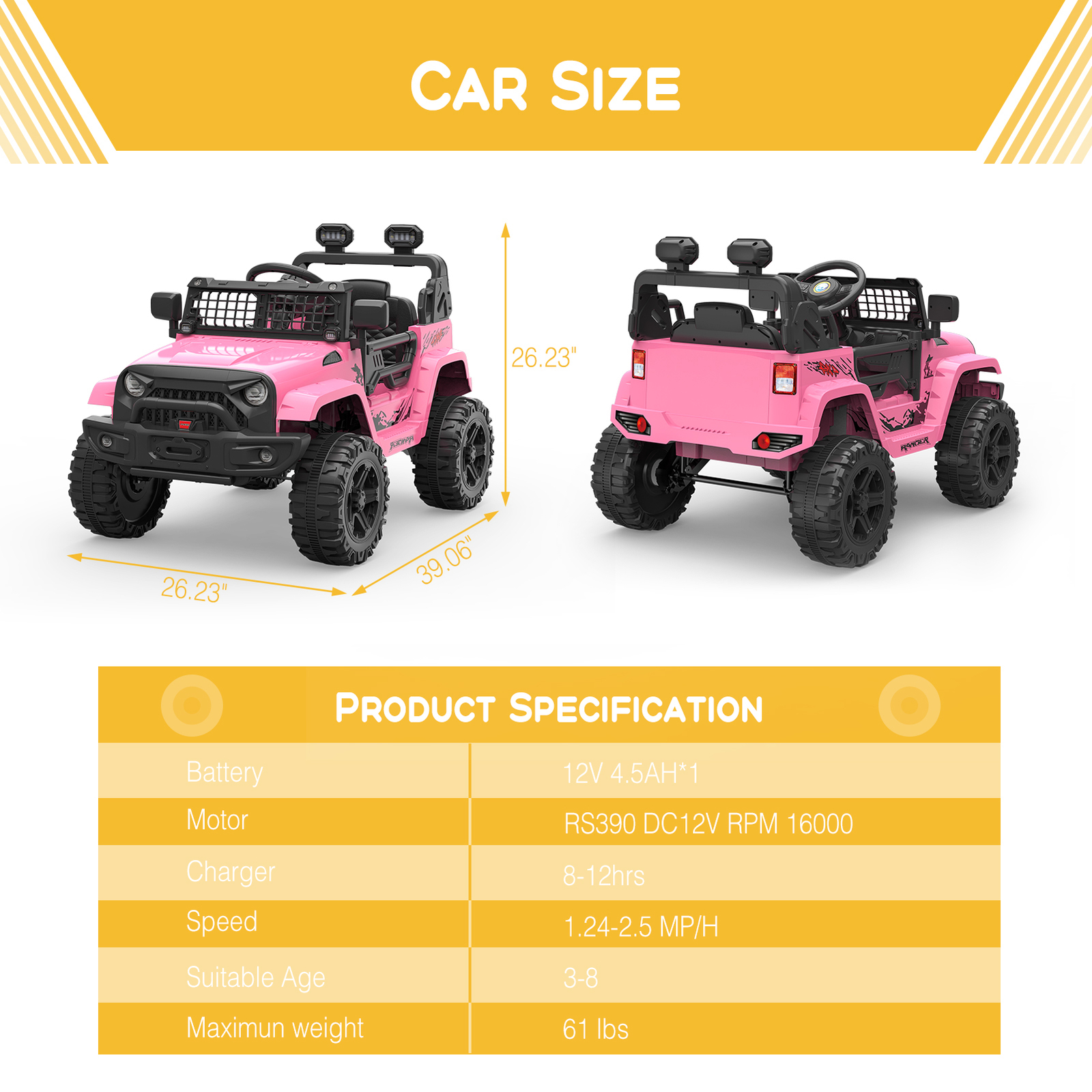 Kids Electric Ride On Truck Toys 12V Power Battery Car Pink with Remote Control