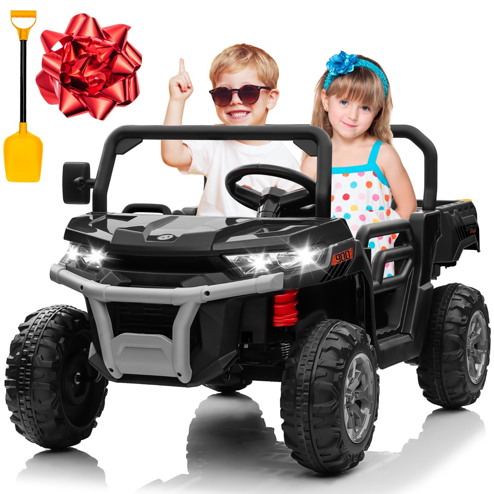 24V 4WD 2-Seat Kids Ride On Dump Truck Remote Trailer Shovel Bluetooth MP3 Black