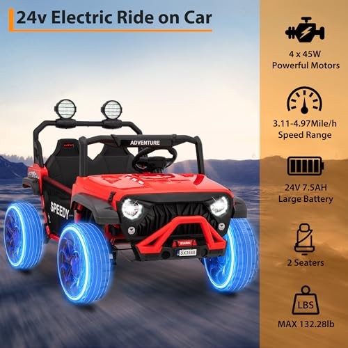 Red Iron 2 Seater 24V Ride-On Car for Big Kids – 4.97MPH – Red