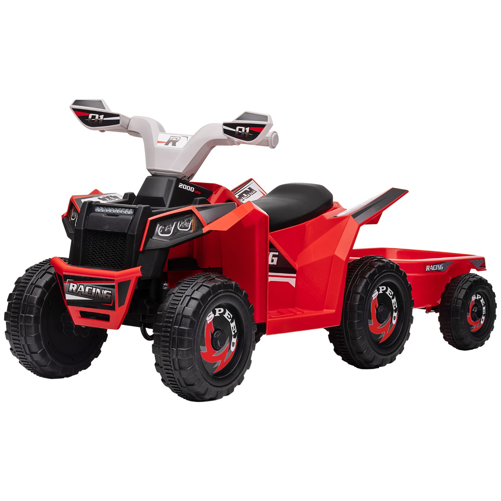 6V Kids ATV Quad Car with Back Trailer, Forward Backward Red