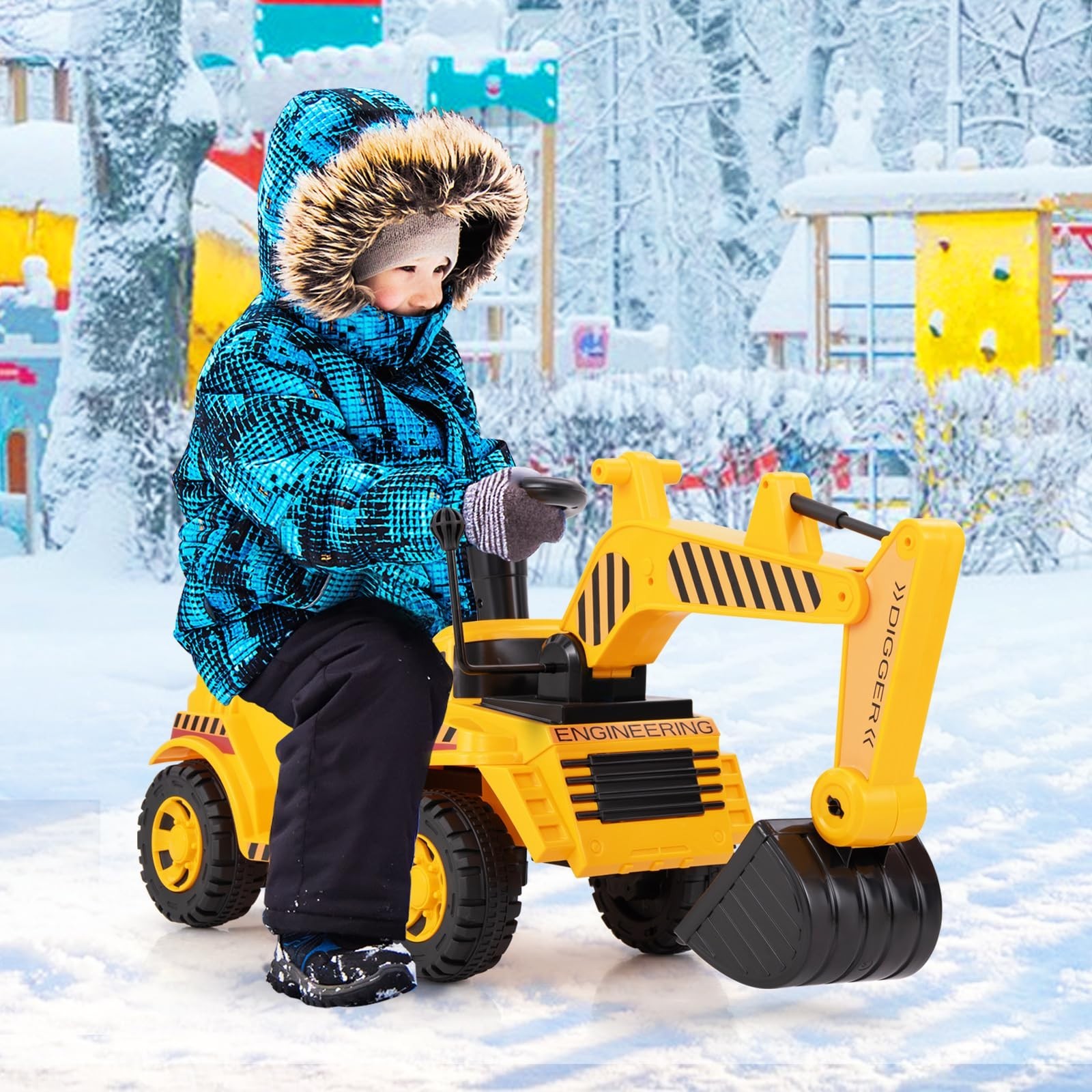 Kids Ride-On Excavator Digger Truck Toy with Working Shovel & Engine Sound, Stor