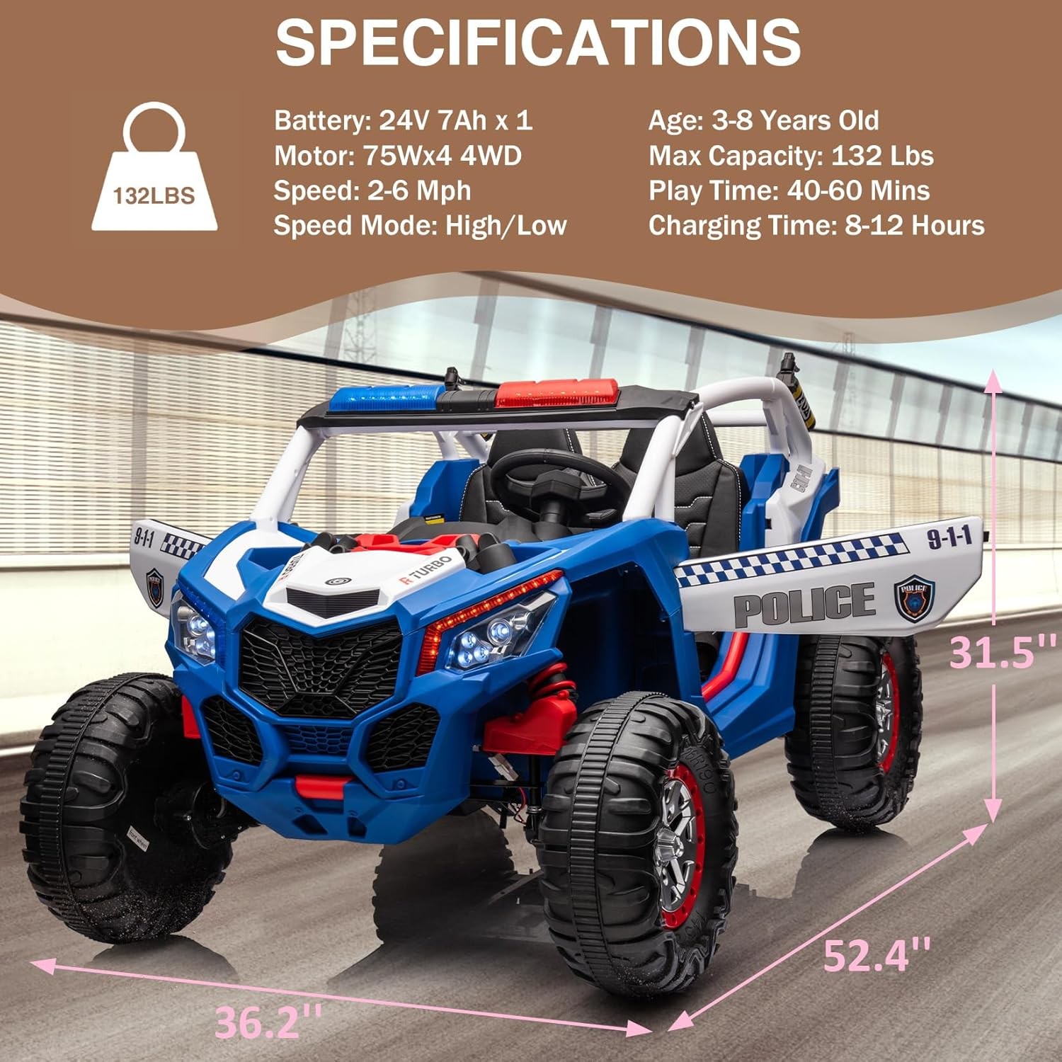24V 2-Seater 4WD Kids Truck 300W Power with Remote, Spring Suspension Multicolor