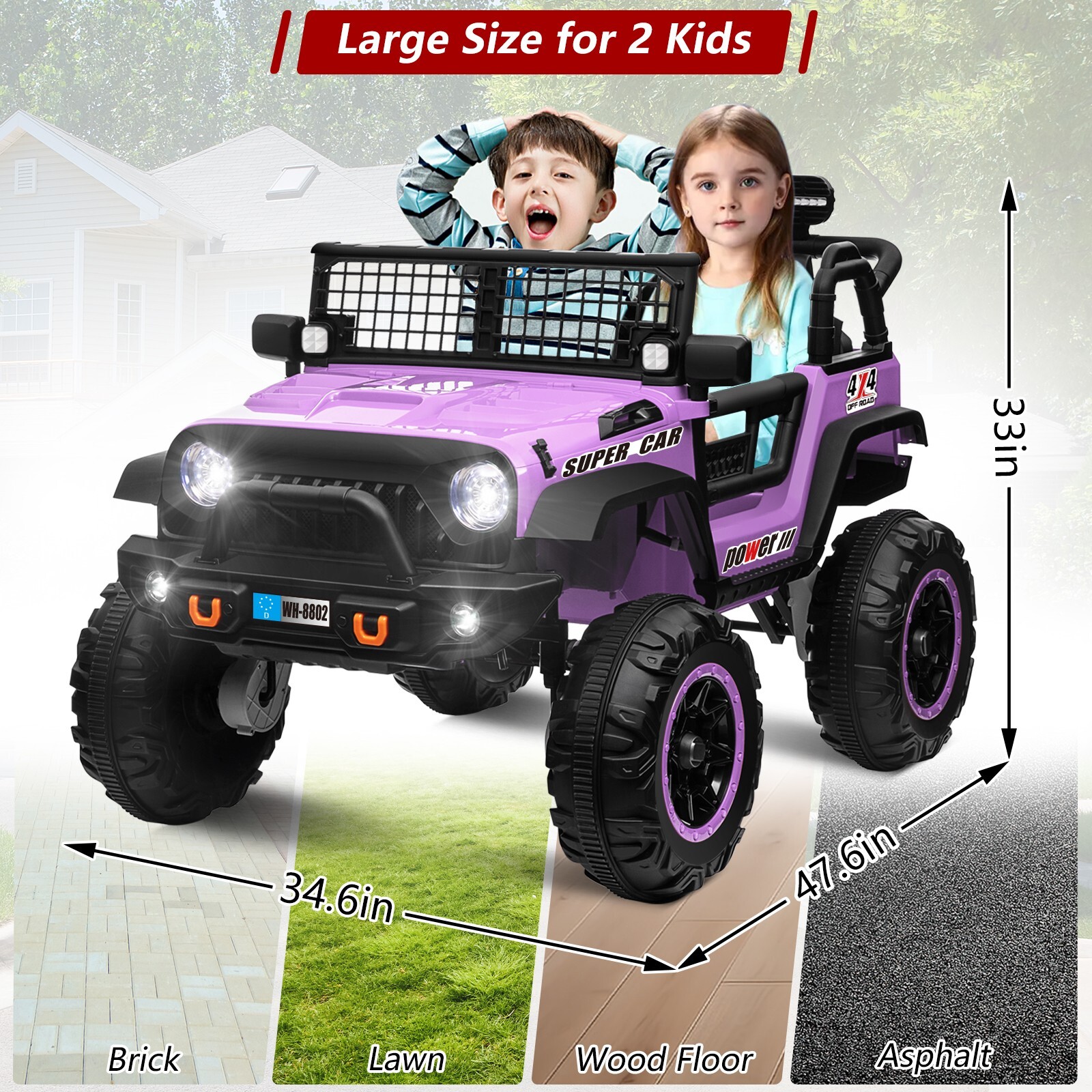 ZEOPHOL Ride on Car 24V 4WD/2WD Switchable 2 Seater Kids Electric Truck Purple