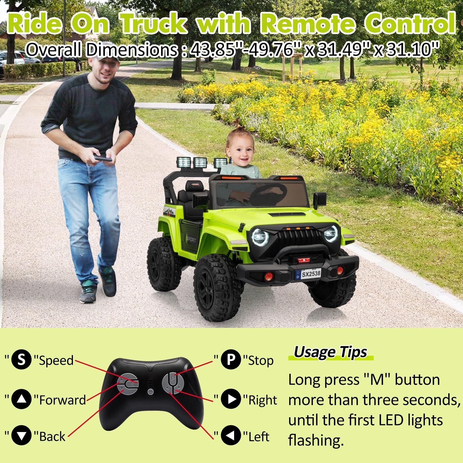 Ride On Toys 2 Seater 24V Toddler Car with Remote Control, Truck w/ 4-Wheeler
