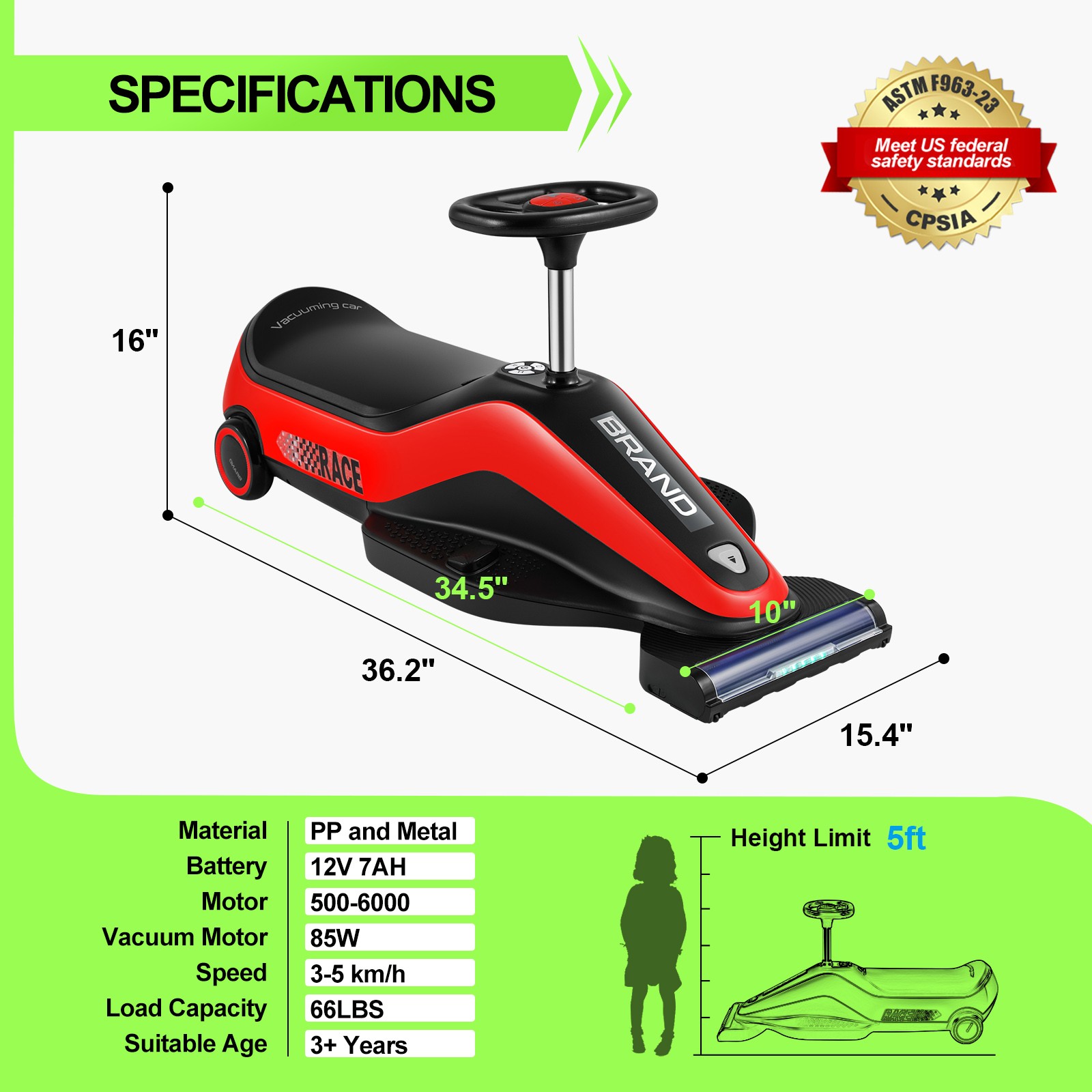 12V Kids Ride On Vacuum Cleaning Car Go Kart w/Detachable Dust Box,Music,2 Speed