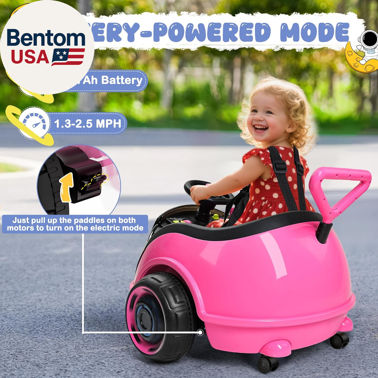 3-In-1 Electric Push Ride on Car, 12V Kids Ride on Toy W/Remote Control, 360° Sp