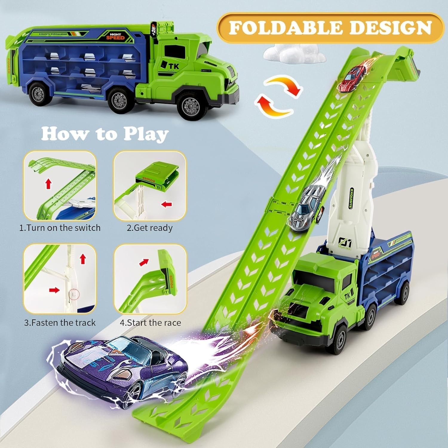 Foldable Car Race Track Set with 6 Die-Cast Cars – Ideal for Toddlers 3-8