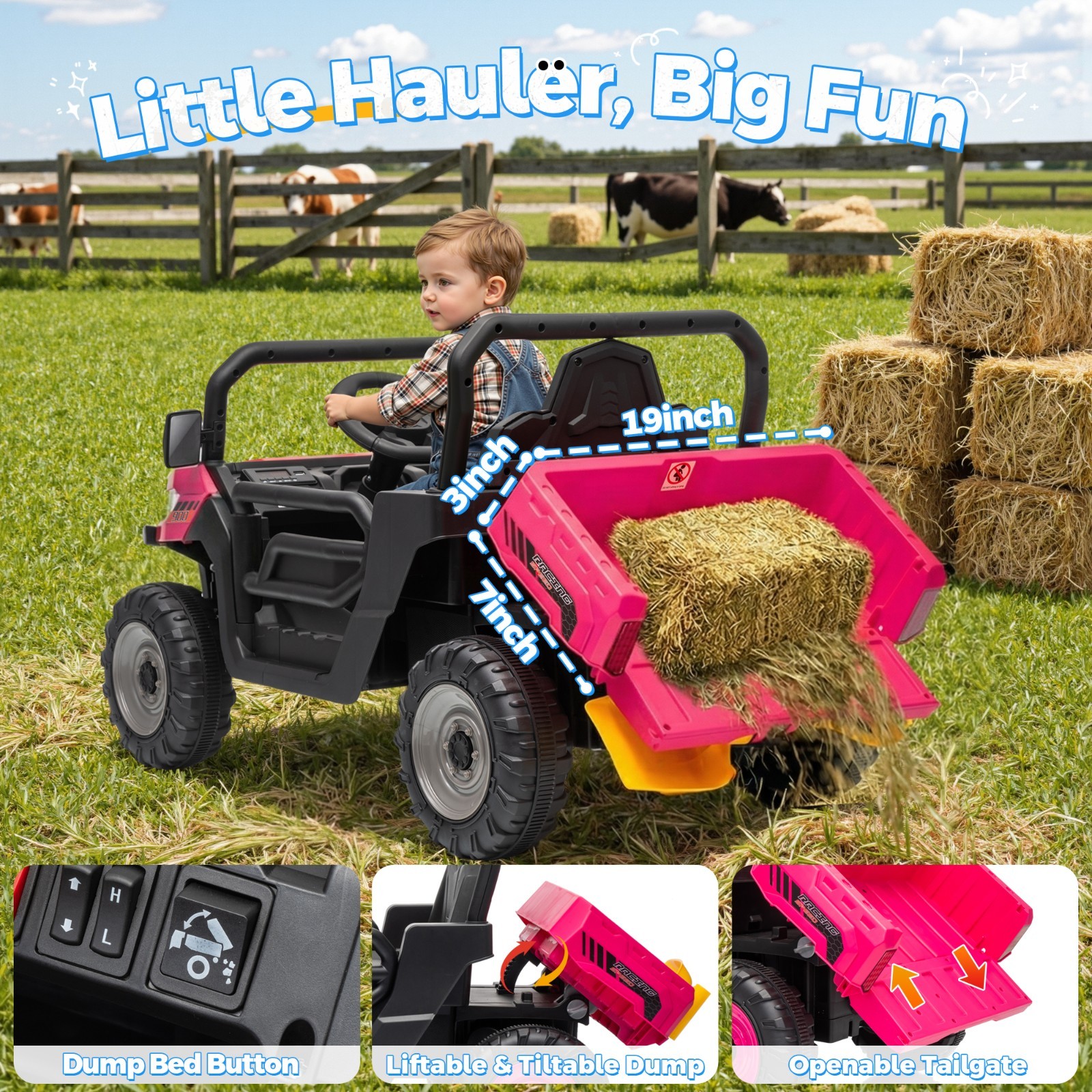 Joyracer 12V Ride On Truck, Remote, Dump Bed, Shovel, Music, Gift for Kids
