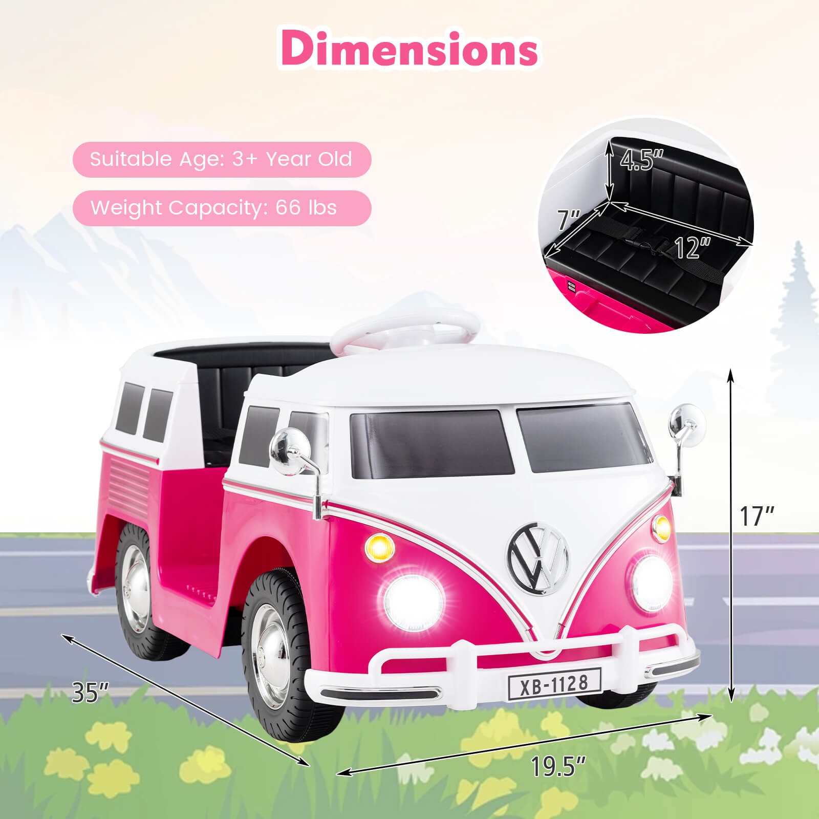 Licensed Volkswagen Ride-on Bus with Cup Holder, LED Headlights, Music & Horn