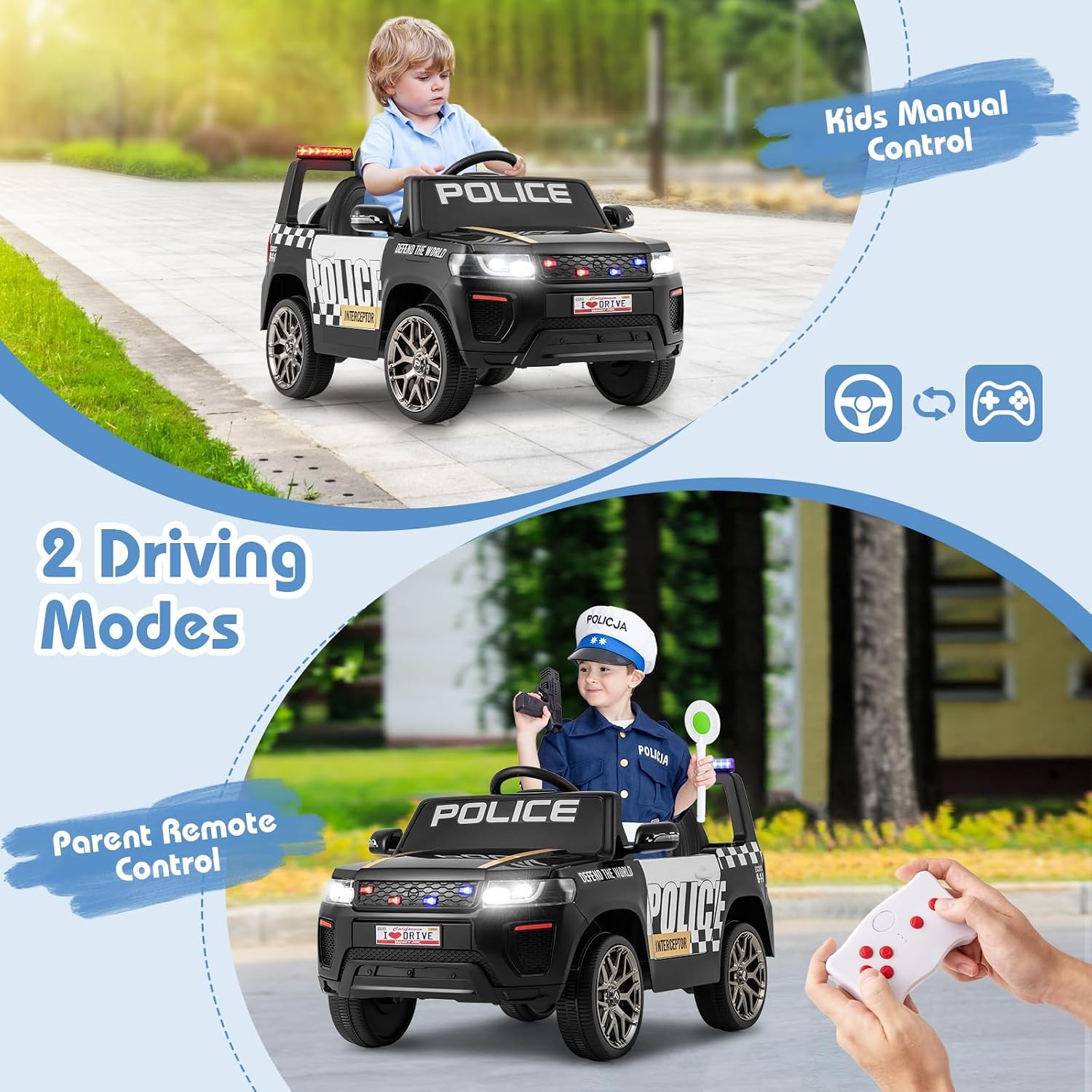 12V Police Ride on Car Costzon Black