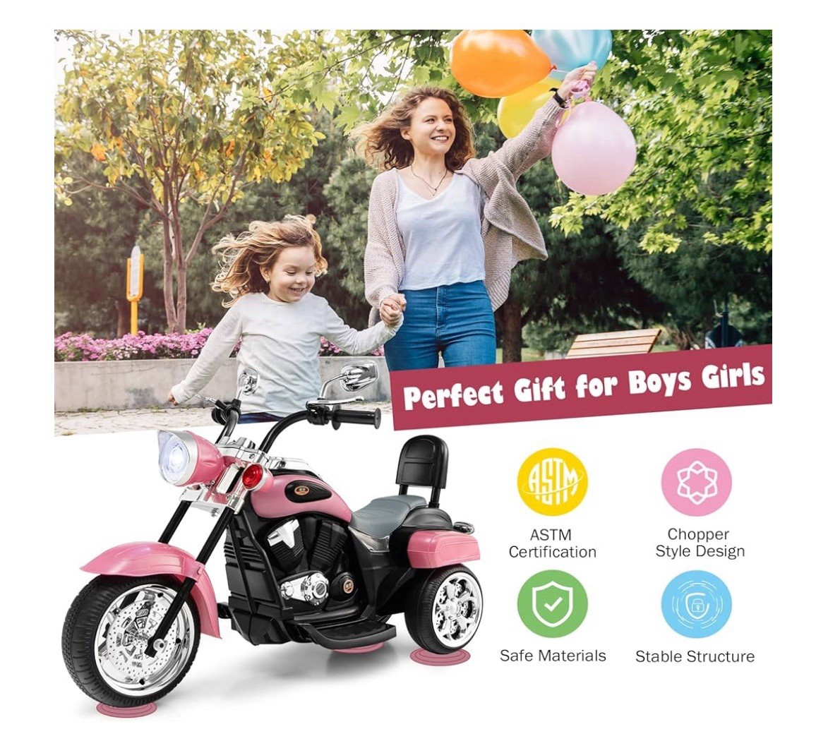 3 Wheel Kids Ride On Motorcycle 6V Battery Powered Electric Toy Chopper Trike