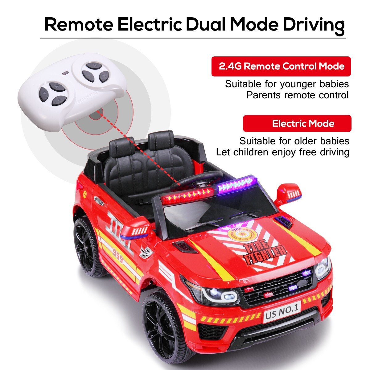 TOBBI 12V Fire Truck Ride on Battery Powered Electric Kids Car w/Remote Control