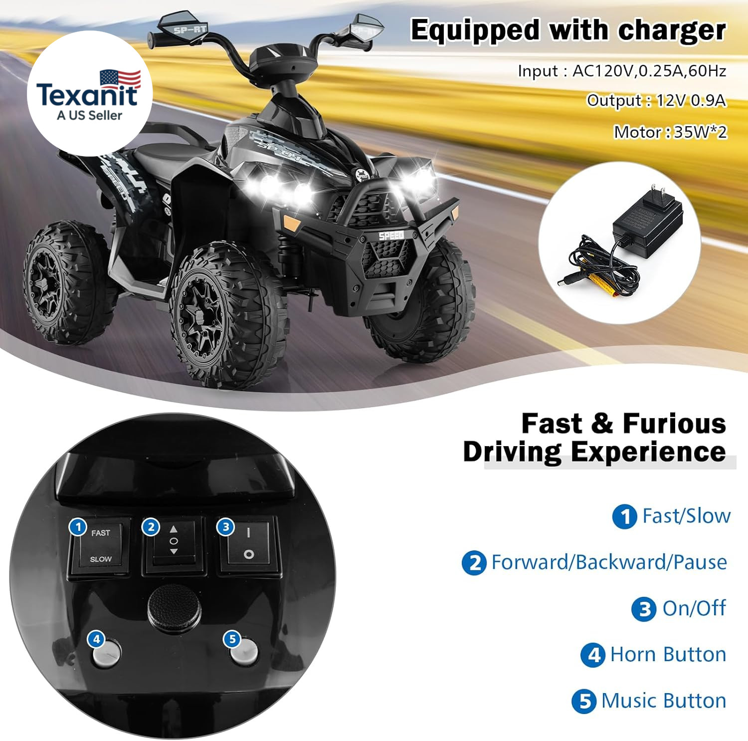Kids Ride on ATV, 12V 4 Wheeler Quad Toy Vehicle with Music, Horn, High Low Spee