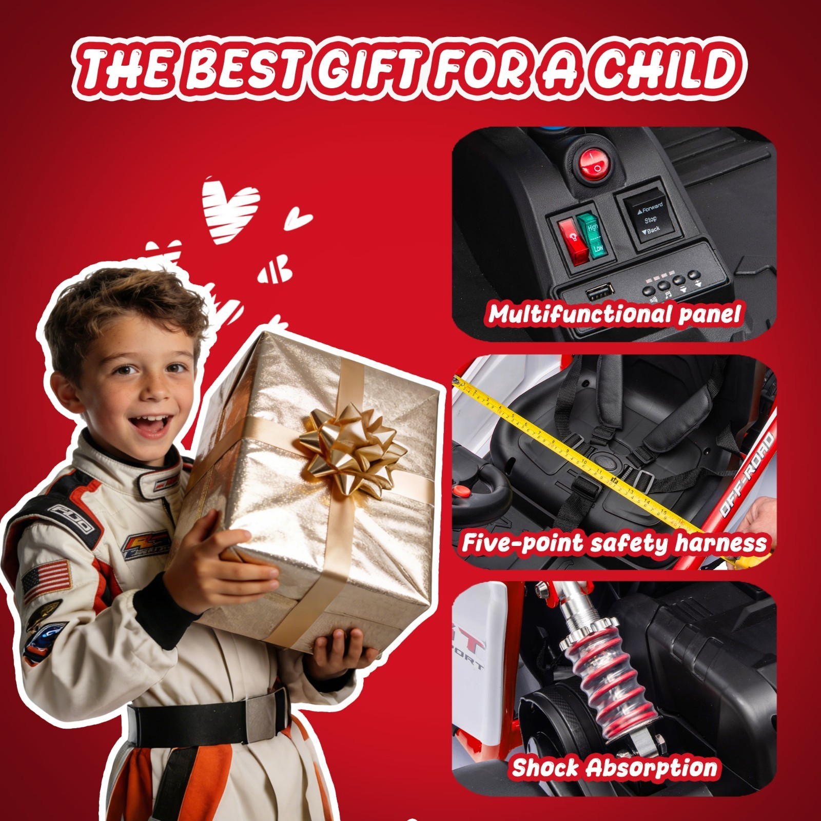 24V 400W Kids Go Kart Electric Drift Car 5-7.5MPH with Music 5-Point Safety Belt