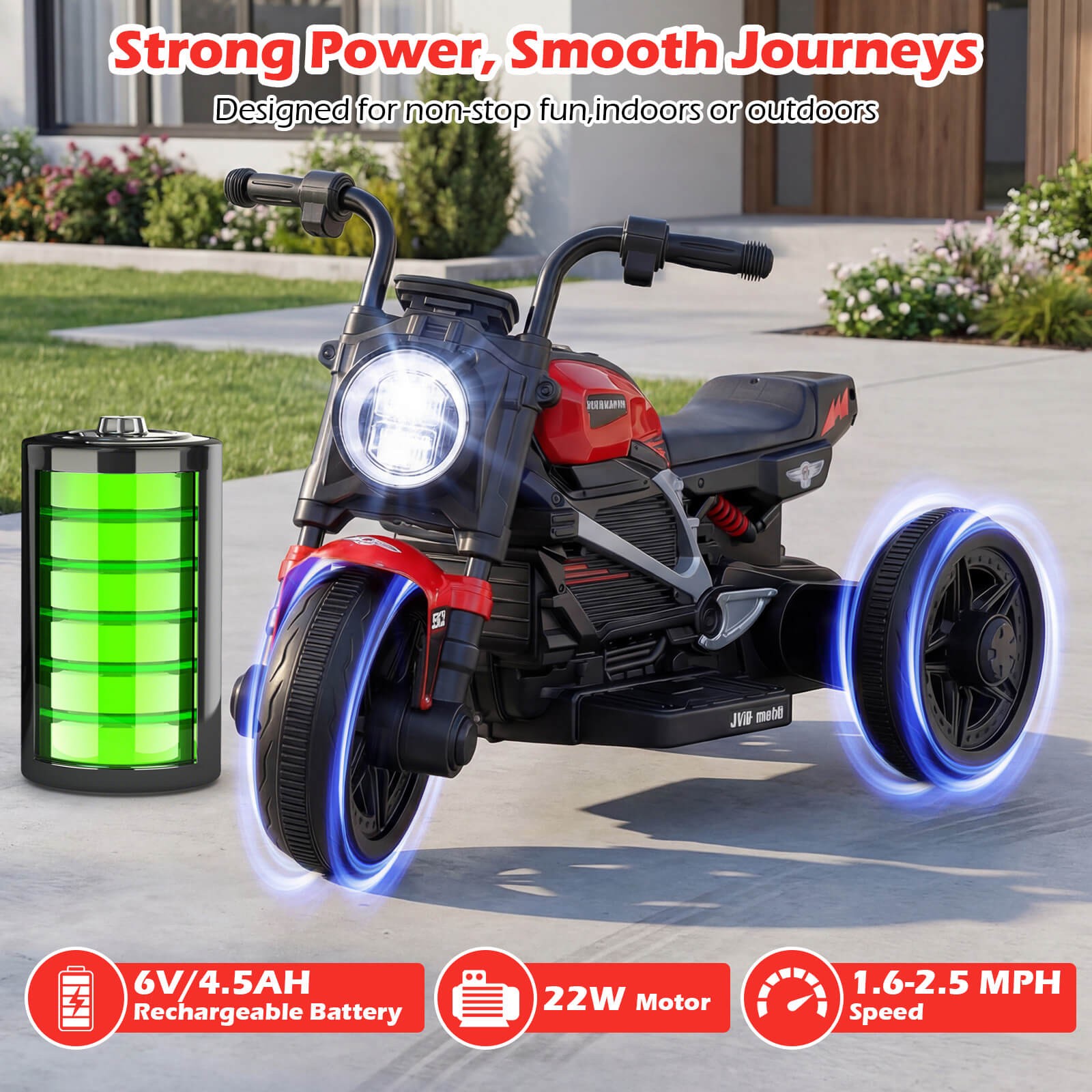 6V Kids Motorcycle w/Song,Story,LED Headlights,Accelerator Pedal & 3 Wheels,Red