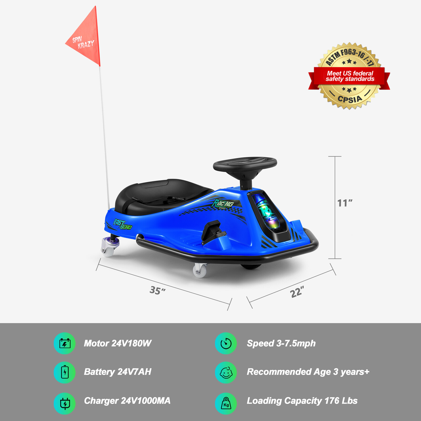 360° 24V Kids Electric Drifting Go Kart Ride On Cart with Bluetooth (Blue)
