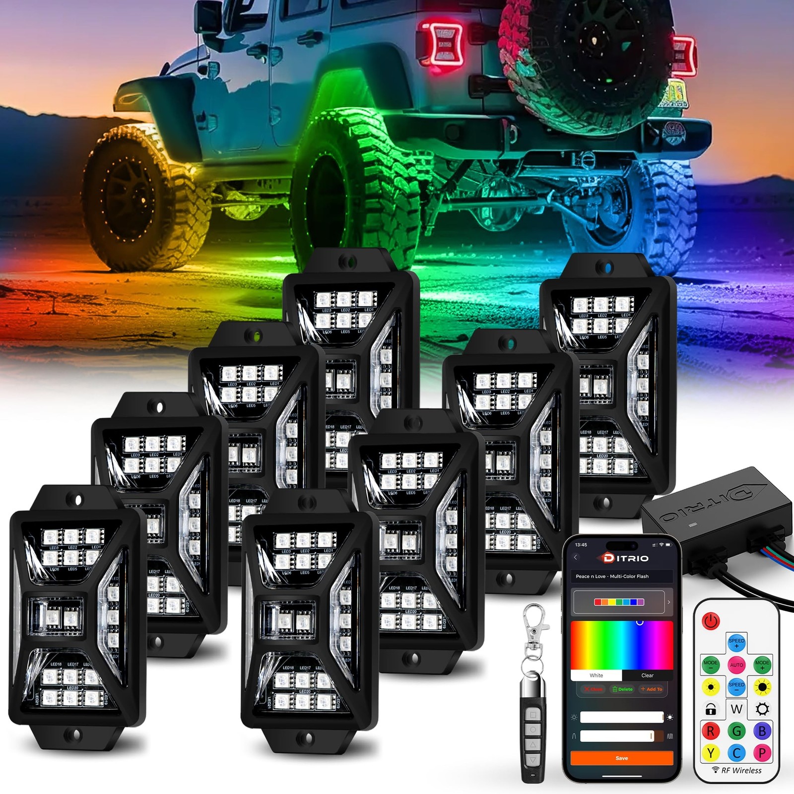 8 Pods Five Sided RGB Rock Lights for Trucks Jeep UTV SUV ATV Golf Cart, Mult…