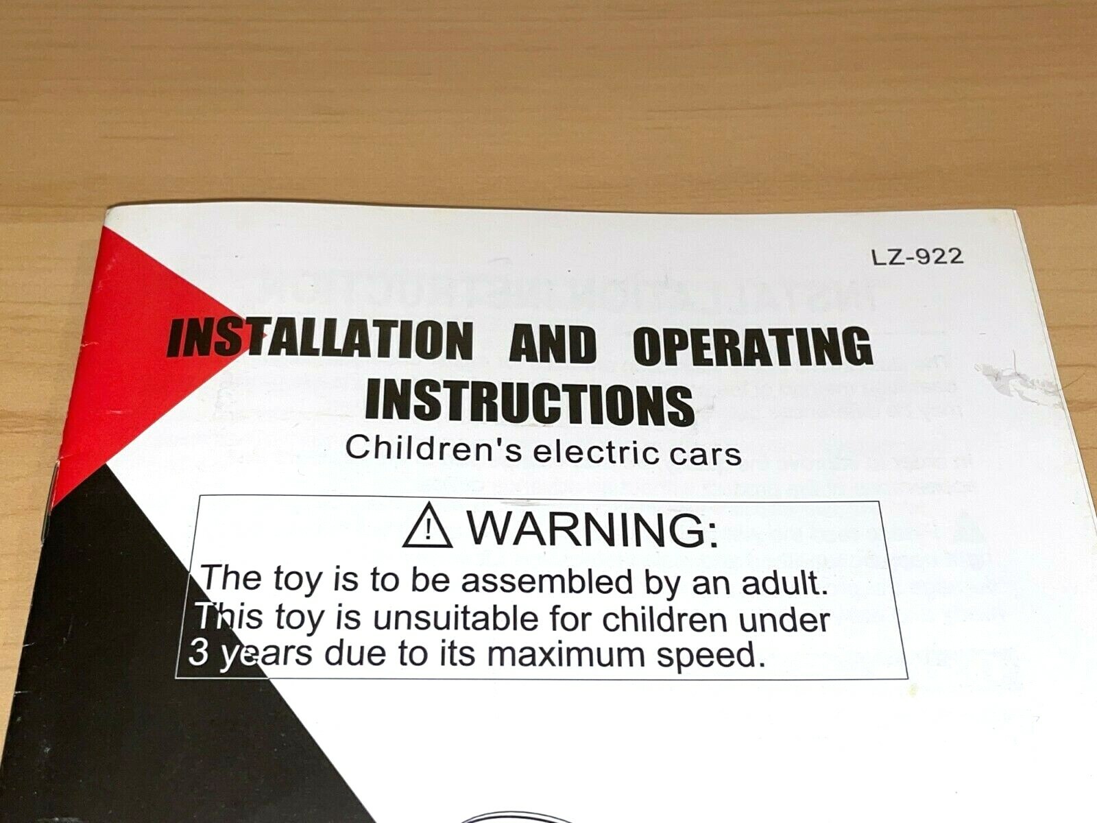 Electric 12V Kids Battery Ride On Car Toy LZ-922 REPLACEMENT OPERATING MANUAL