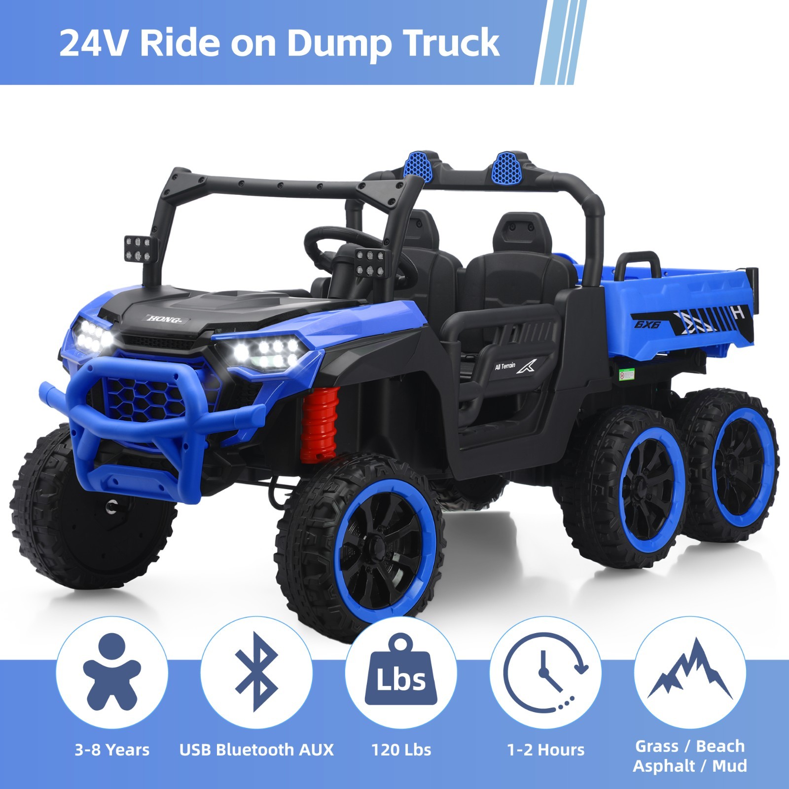 Blue 24V Ride on Electric Dump-bed Truck Off-road 7mph 2 Seater Car with Remote