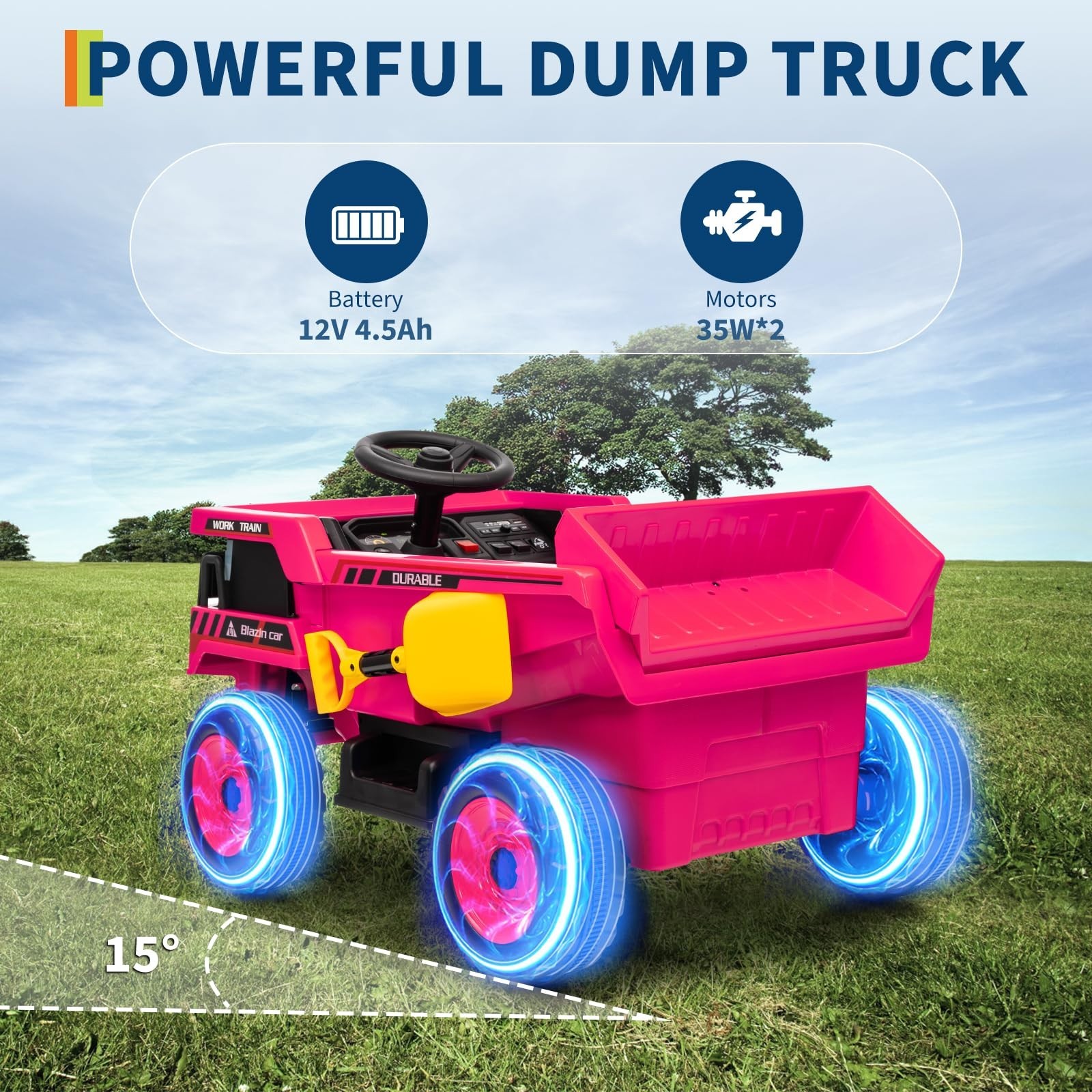 12V Electric Ride On Dump Truck For Kid Ride On Toy With Shovel LED Lights Music