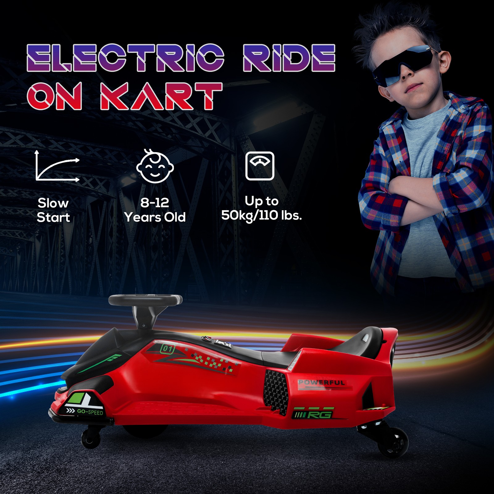 12V Electric Drifting Go Kart w/ Slow Start, Music, Lights, Red