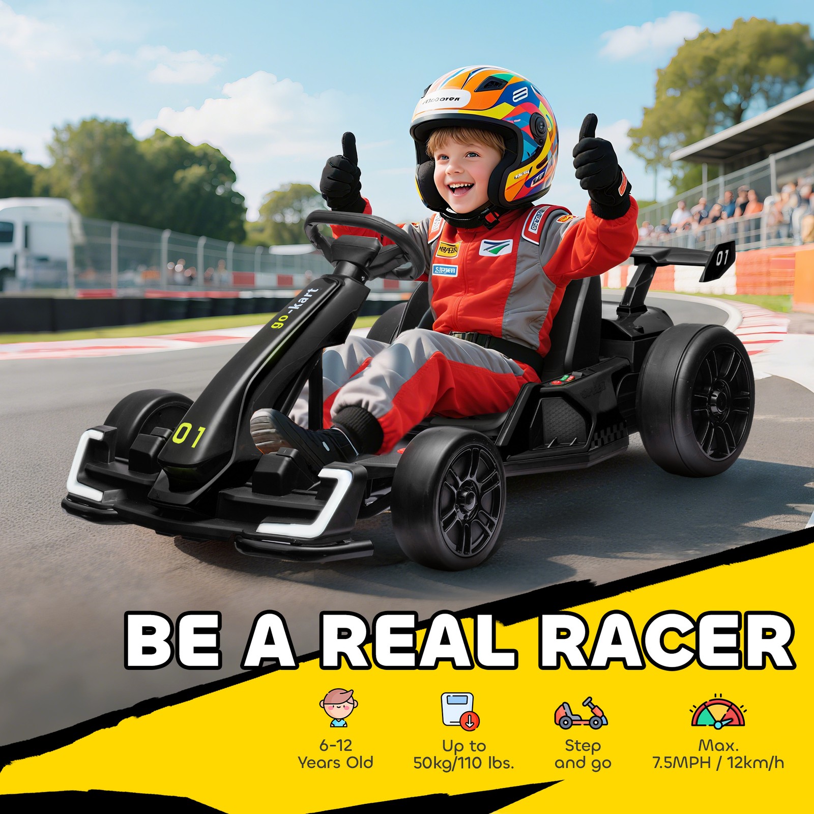 24V 7.5 MPH Electric Go Kart with Adjustable Seat, Slow Start, Black