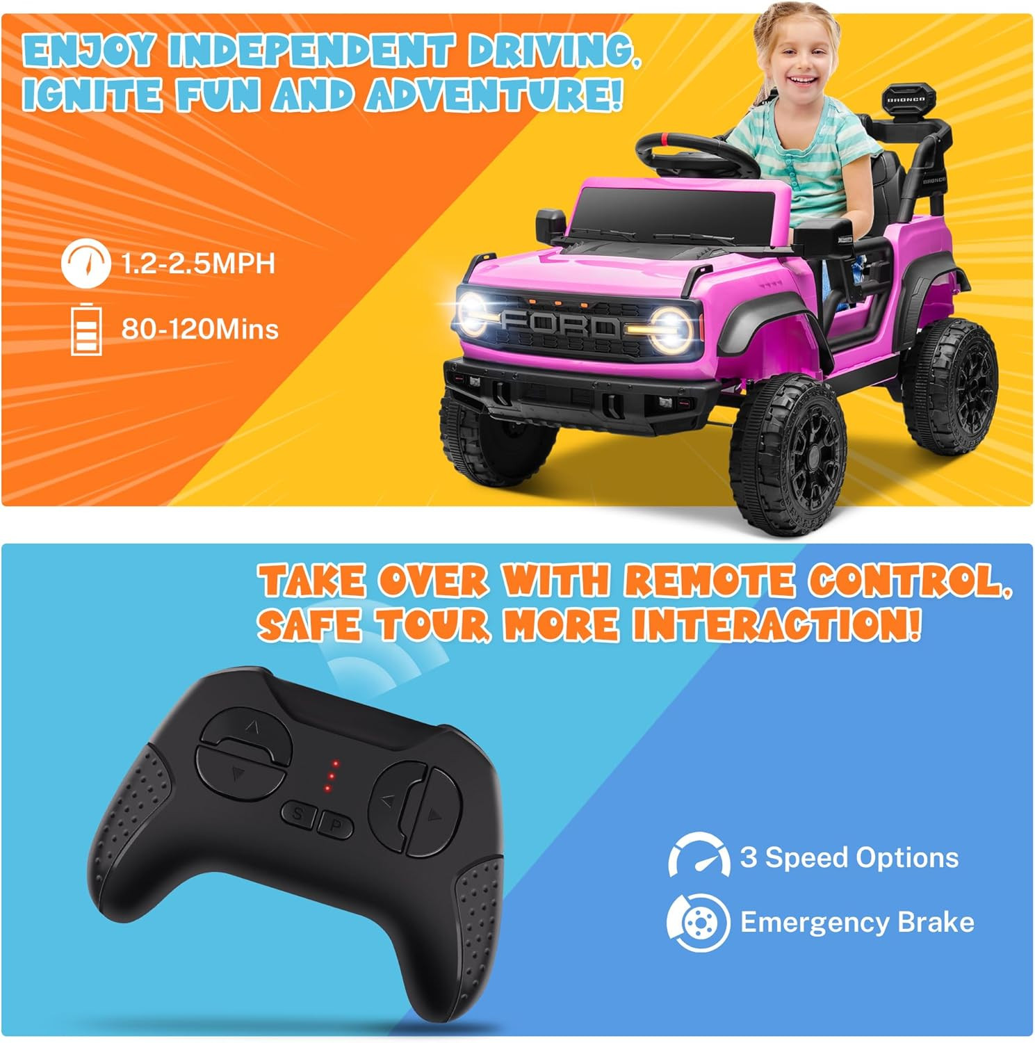 12V Ford Bronco Raptor Ride on Car for Kids, Electric Power Car Ride-On Toy for
