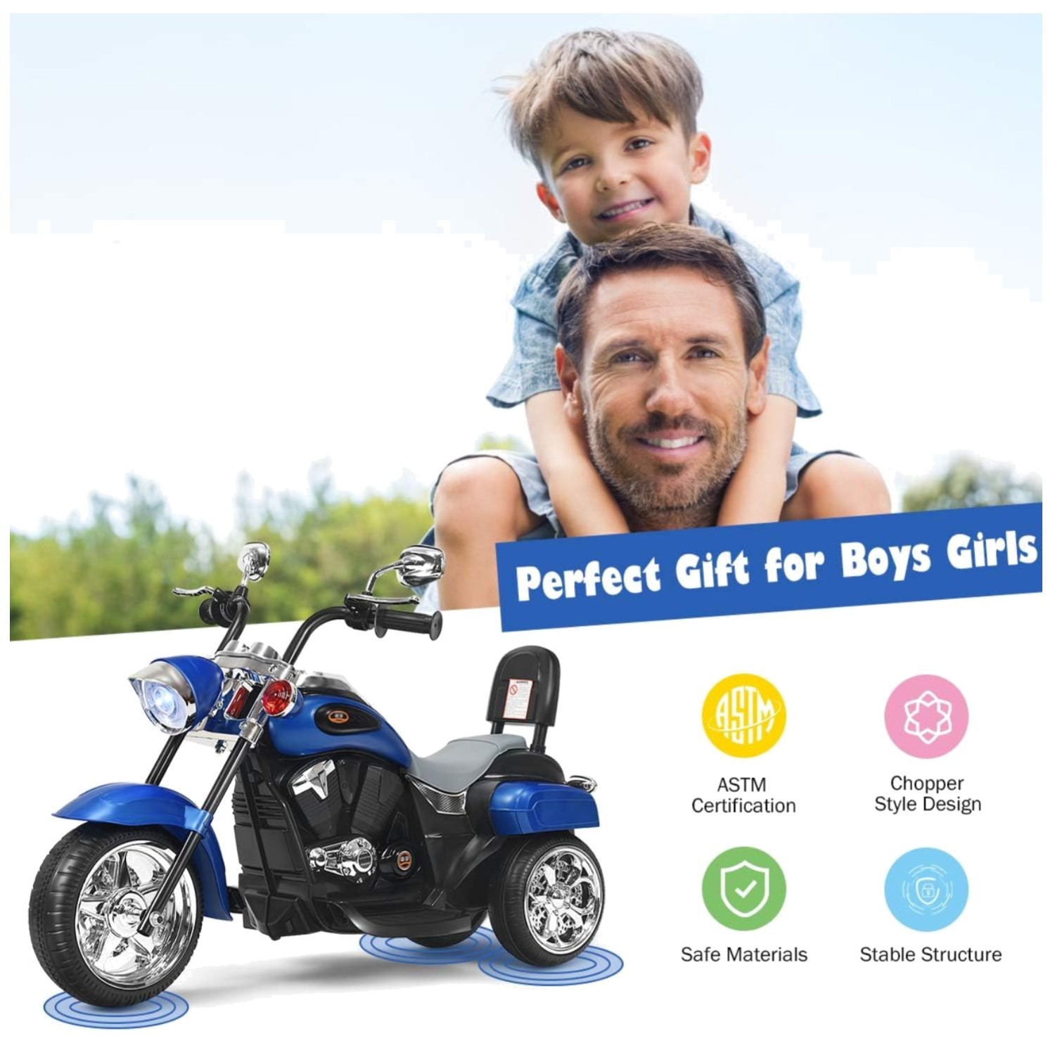 Gift for Boys Girls: 3-Wheel Electric Motorcycle, Blue