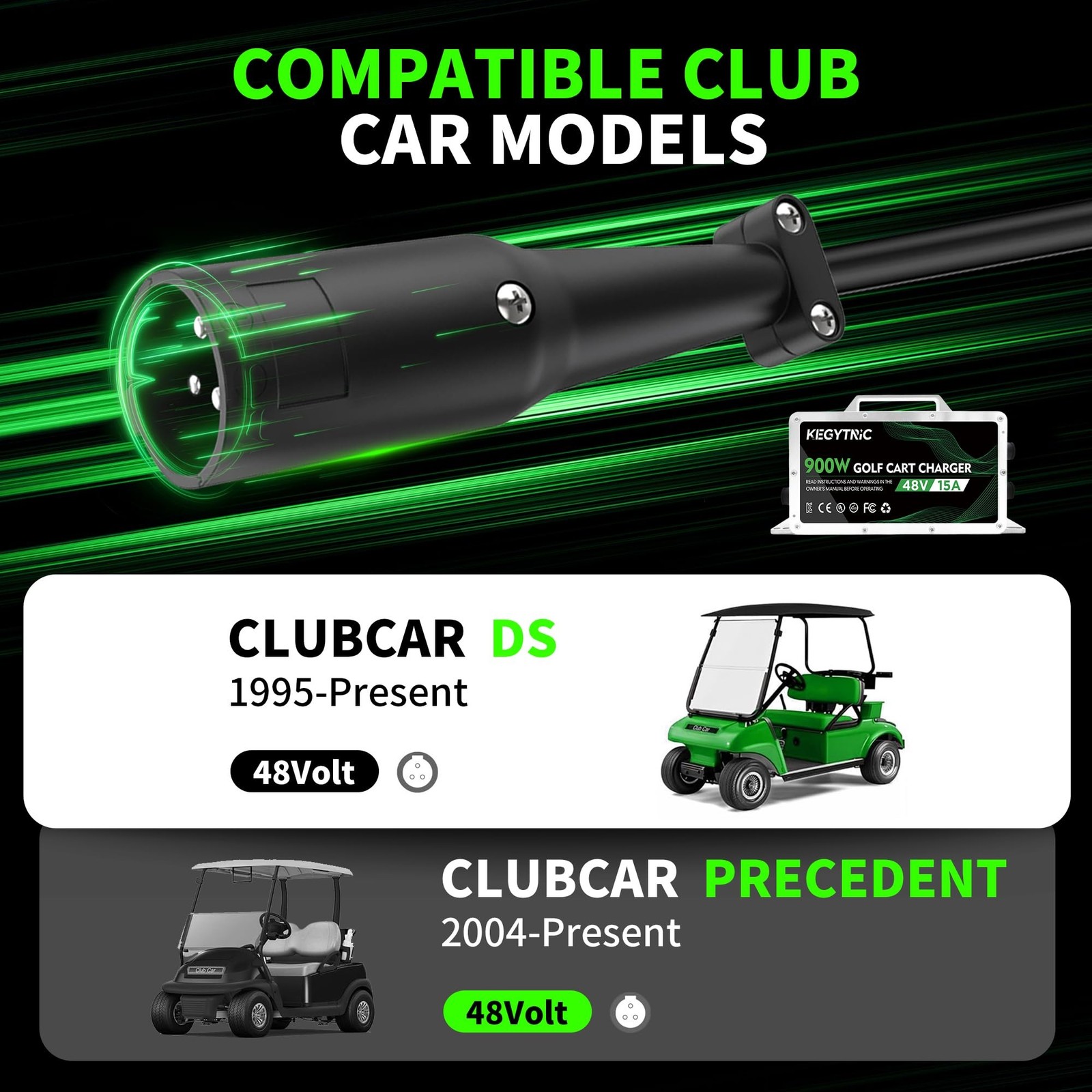 Club Car Battery Charger, 15 AMP 48 Volt Golf Cart Charger with 3-Pin Round P…