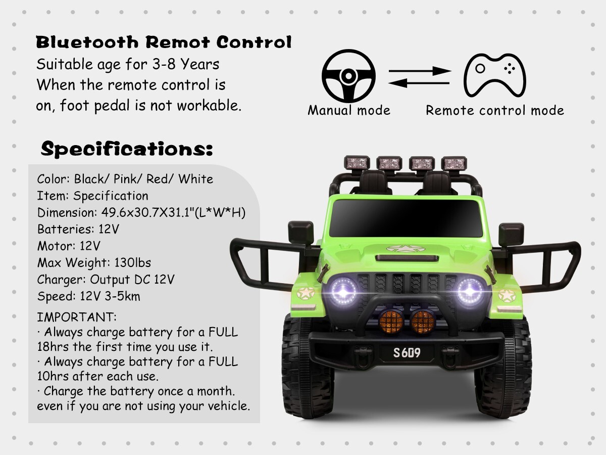 ZEOPHOL Ride On Truck Jeep 12V Electric Kids Toys Car 2 Seater 3 Speeds Green
