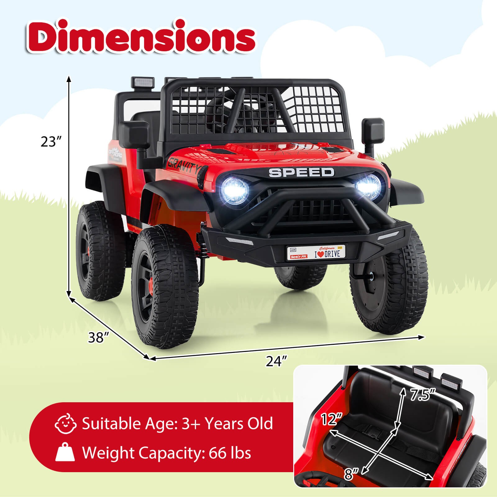 24V Ride On Car w/Remote Control Music LED Headlights Spring Suspension for Kids