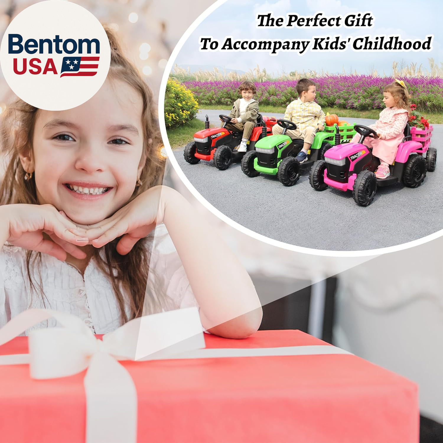 Kids Electric Ride on Toy Tractor, 12V Battery-Powered 4 Wheels Ride on Car with