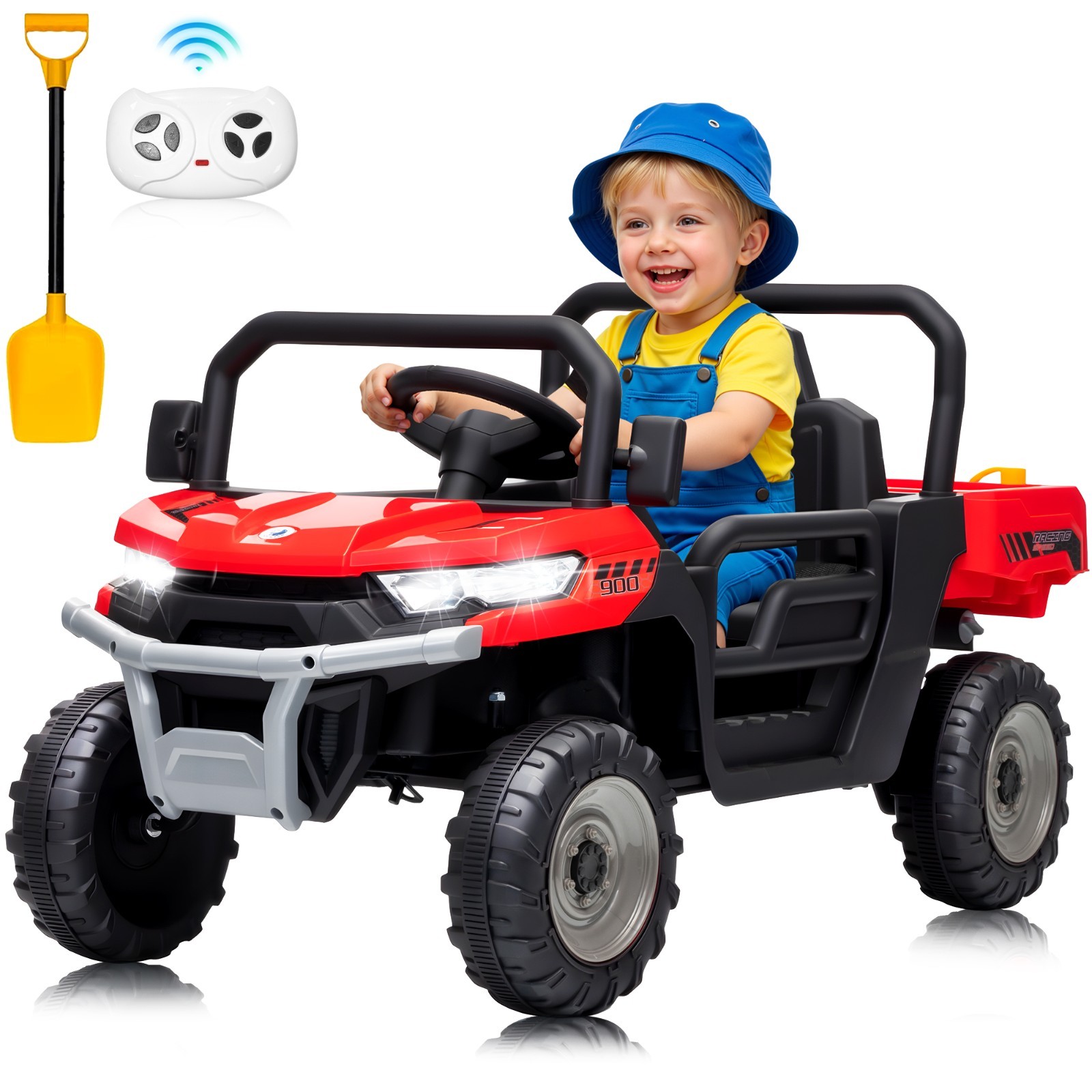 24V Kids UTV Dump Truck RC Spring Suspension Dump Bed Shovel Bluetooth LED Light
