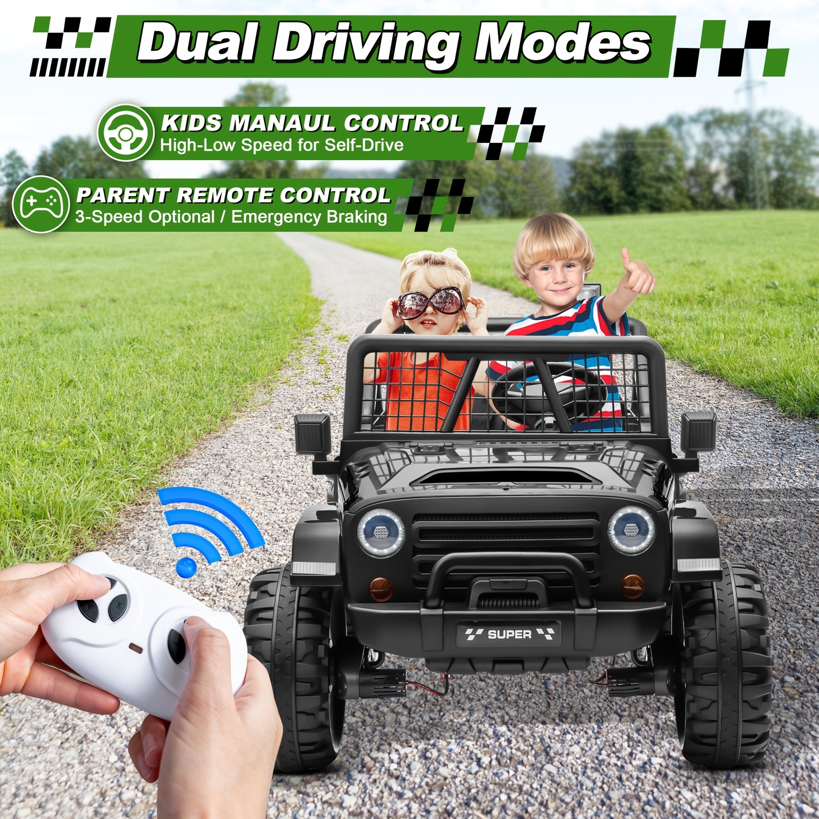 24V 2-Seater Ride On Car Kids Electric Jeep 4WD w/Remote, Black – FAST SHIP