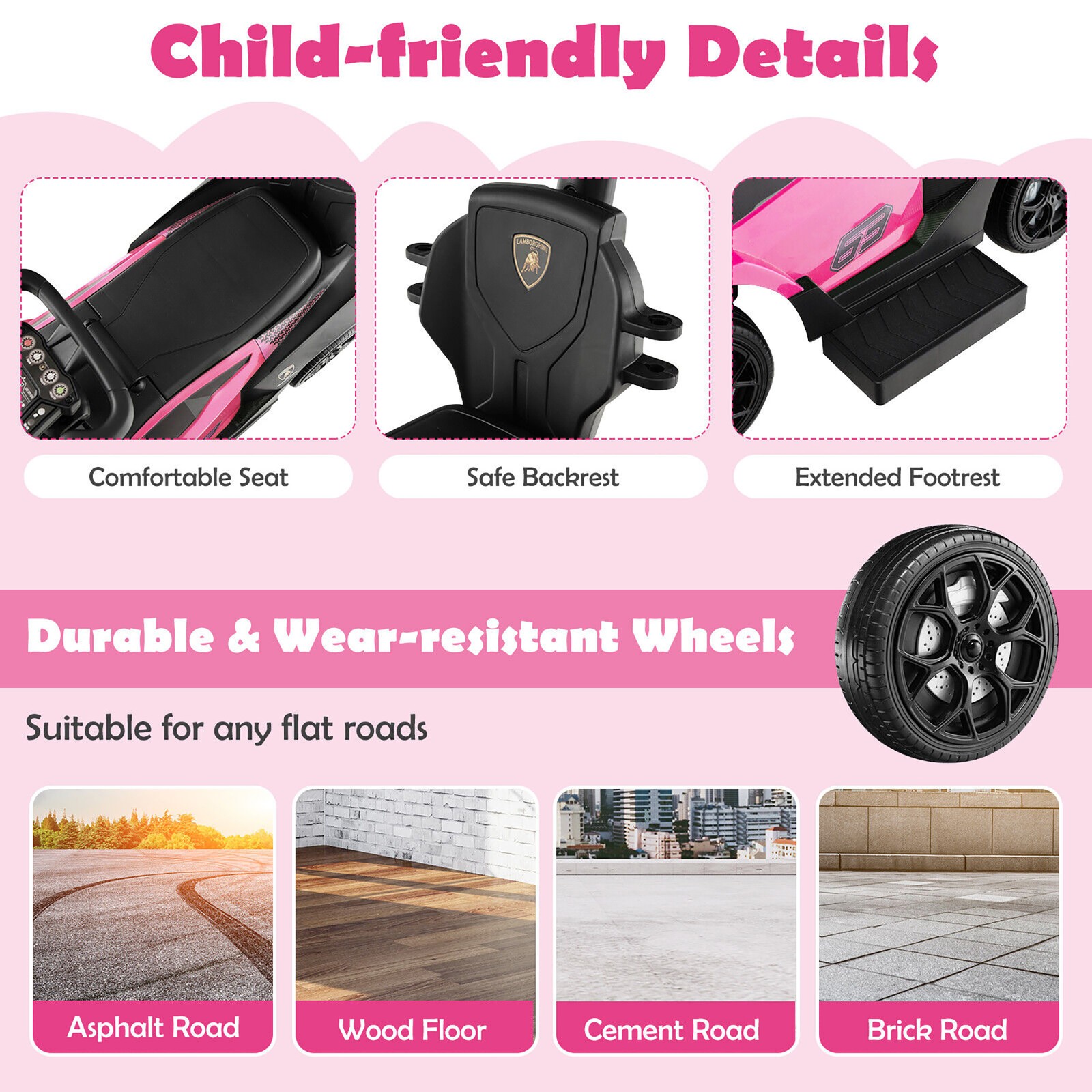 3-in-1 Licensed Lamborghini Ride on Push Car Stroller Sliding Car w/ Sound Pink