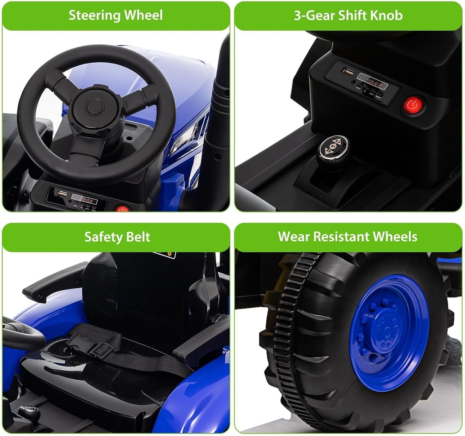 Kids 12V Electric Ride On Tractor w/ Remote, Music, Trailer,Dual Motors,6 Wheels