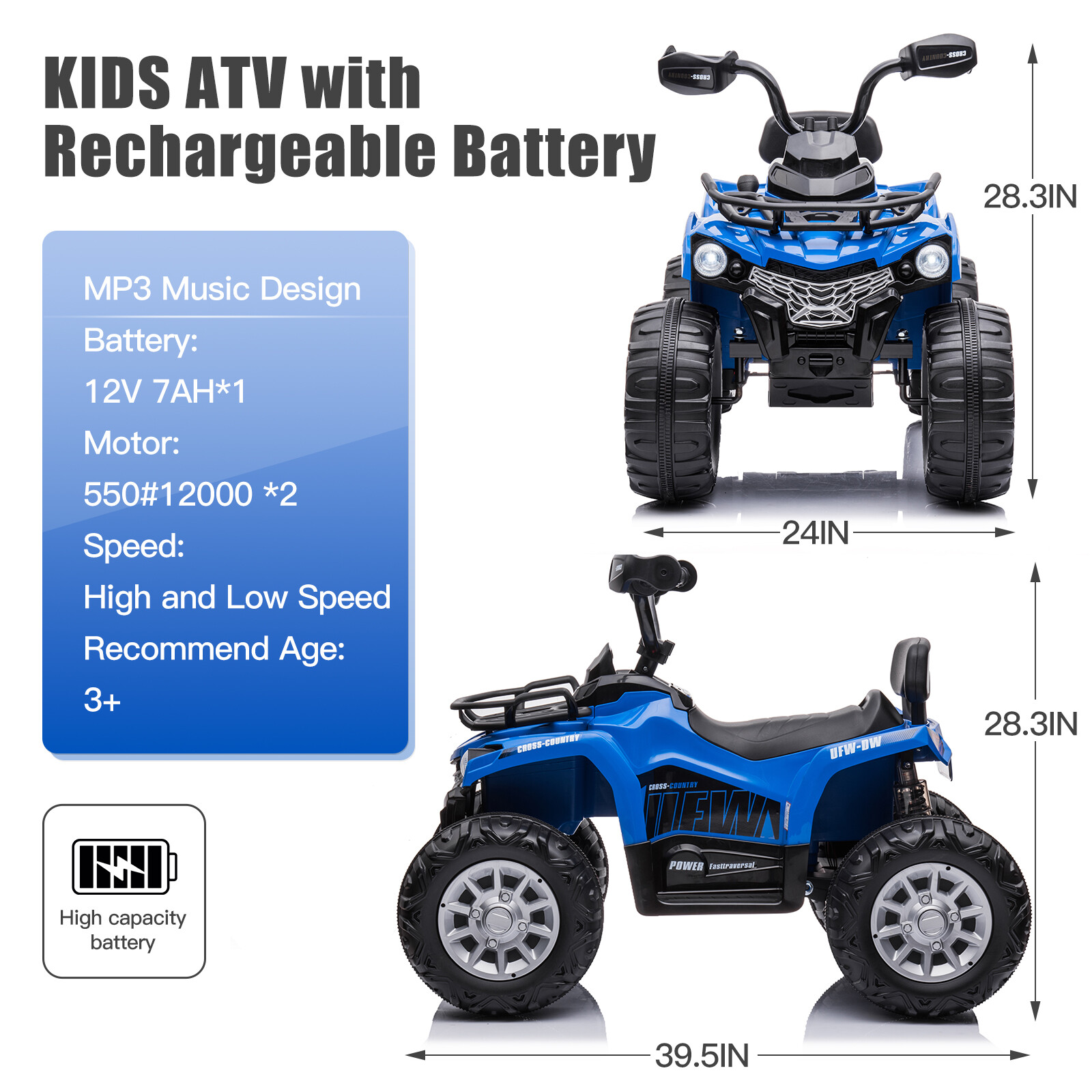 12V Kids Electric 4-Wheeler ATV Quad 2 Speeds Ride On Car w/MP3 & LED Lights US