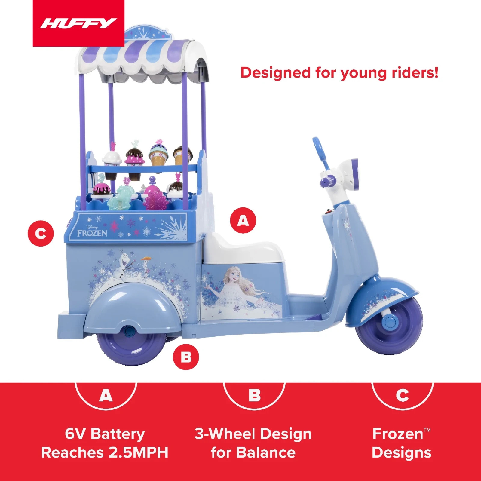 Disney Frozen 6V Battery-Powered Electric Ice Cream Cart, Ages 3-7, Blue
