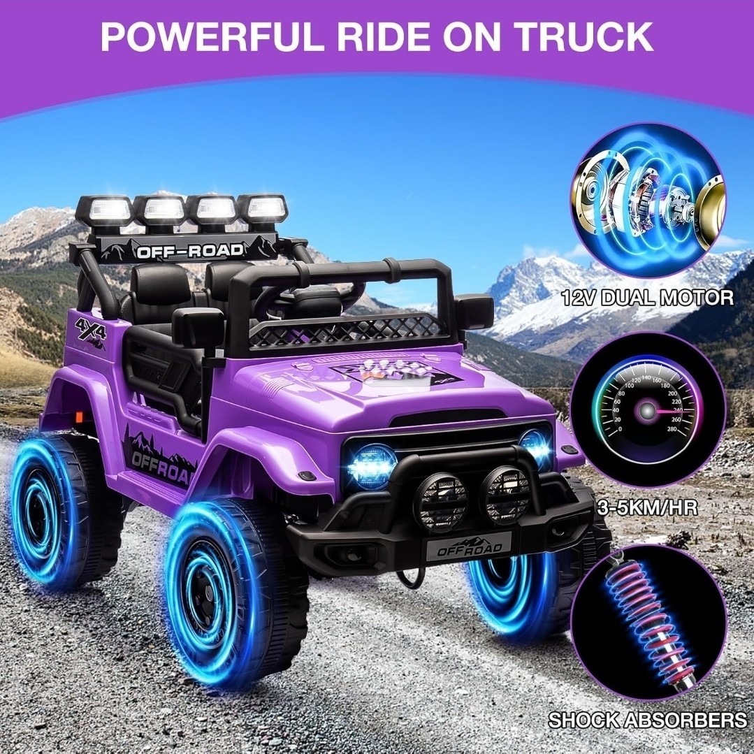 12V Dual Motor 4×4 Kids Ride-On Off-Road Truck w/ Parent Remote, Purple