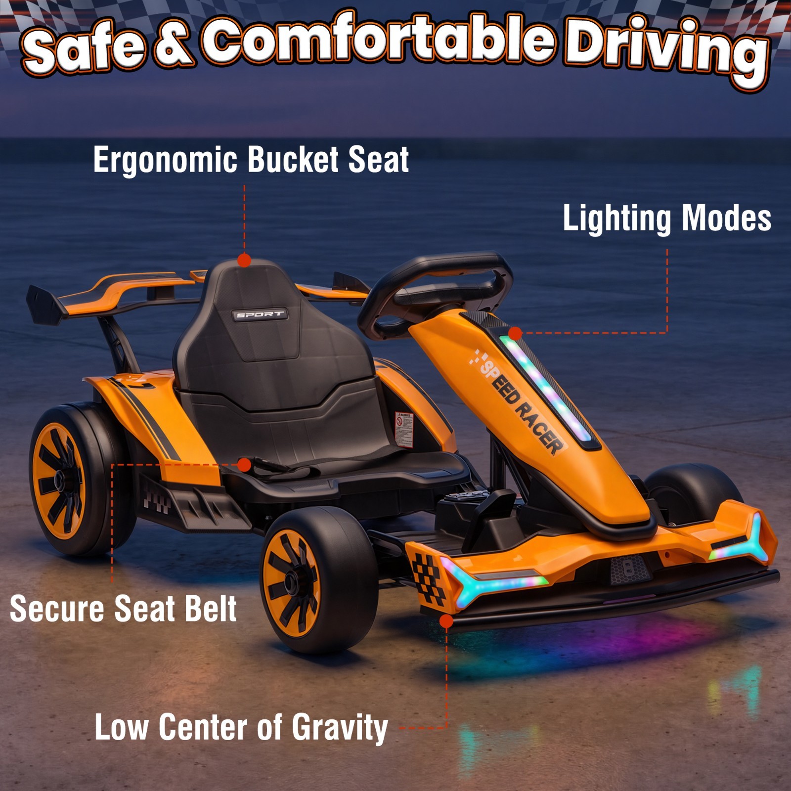 24V 10Ah Kids Drift Go Kart Dual Motor Adjustable Frame LED Underglow Lights